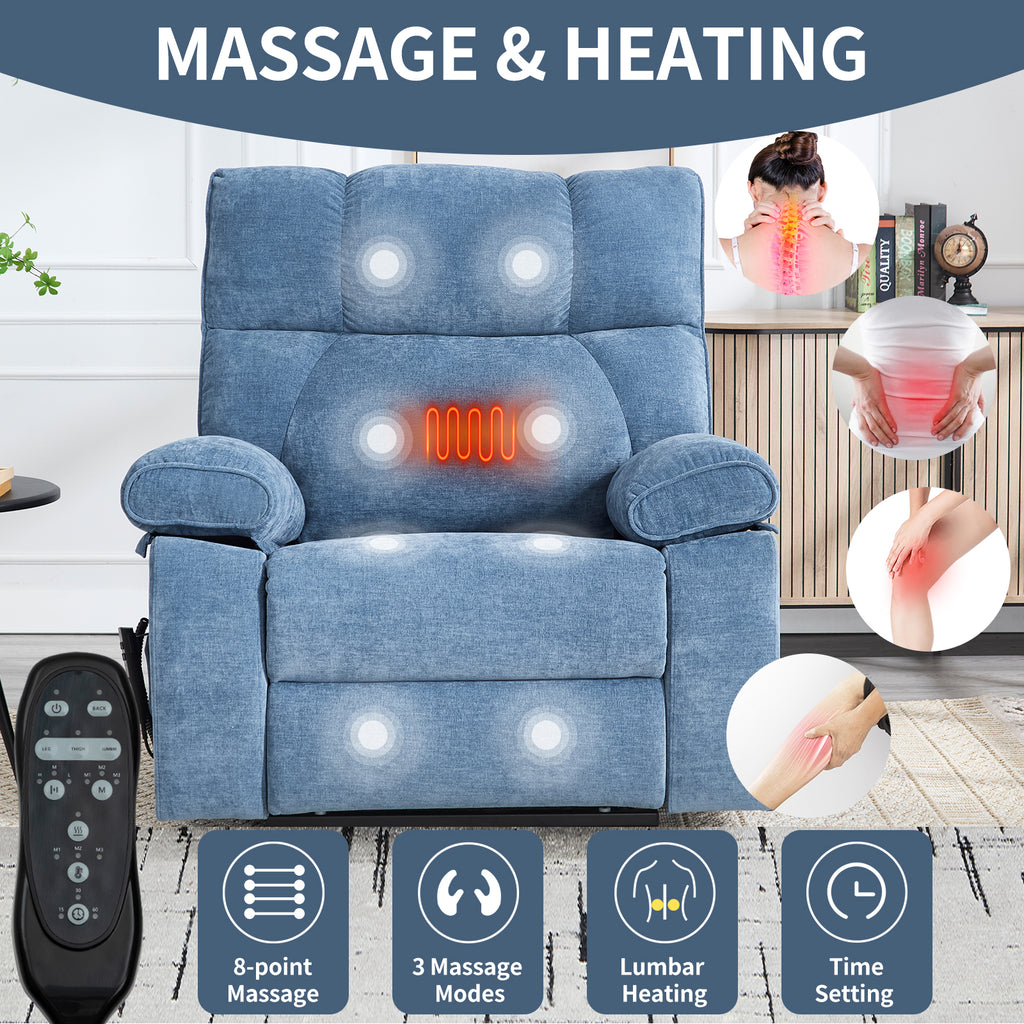 Blue Heat Massage Dual Motor Electric Power Lift Recliner