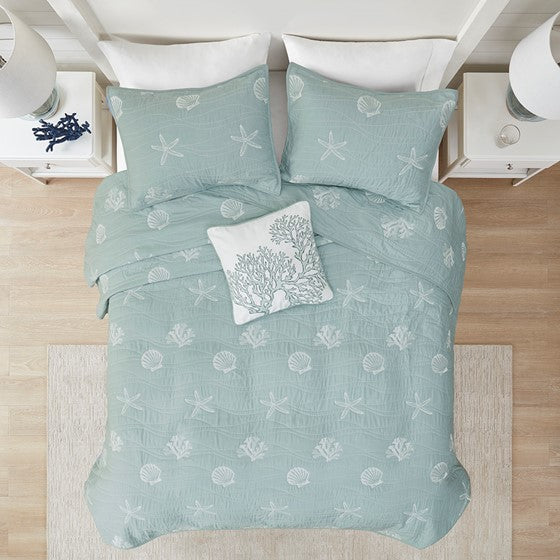 4 Piece Cotton Reversible Embroidered Quilt Set with Throw Pillow - Aqua King/Cal King