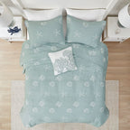 4 Piece Cotton Reversible Embroidered Quilt Set with Throw Pillow - Aqua King/Cal King