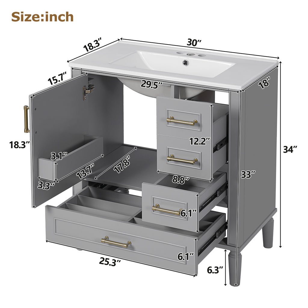 30" Bathroom Vanity with Ceramic Sink, Soft-Close Door and Ample Storage