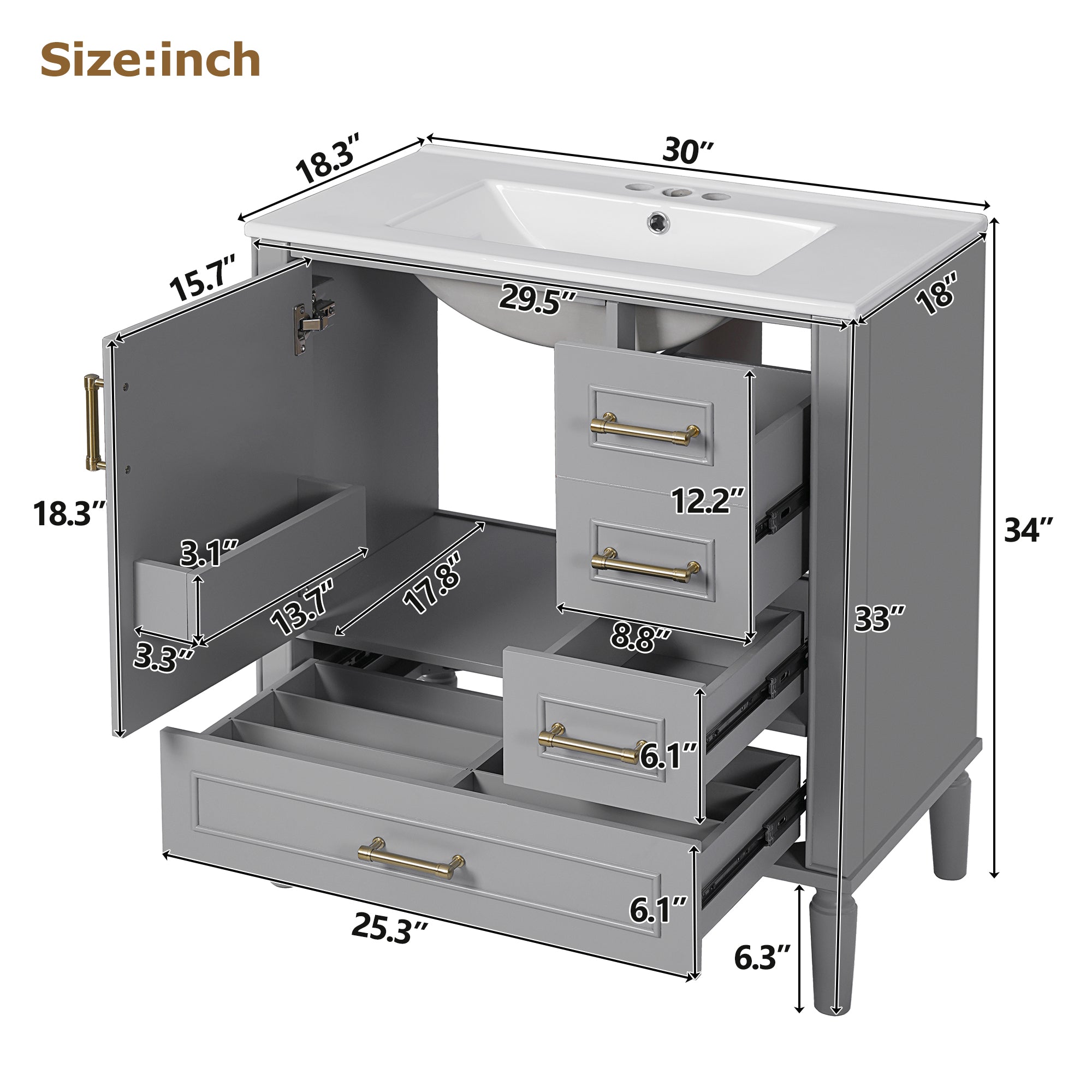 30" Bathroom Vanity with Ceramic Sink, Soft-Close Door and Ample Storage