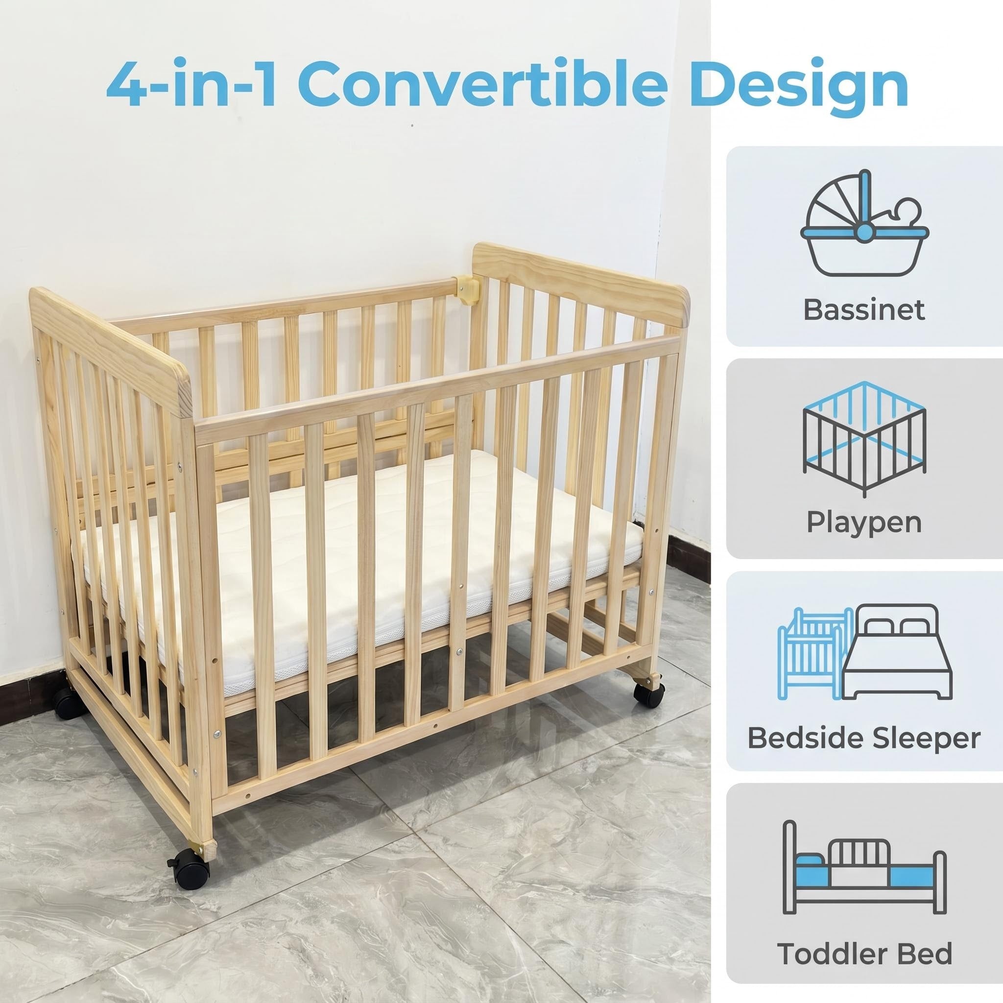 Portable Pine Wood Bedside Bassinet