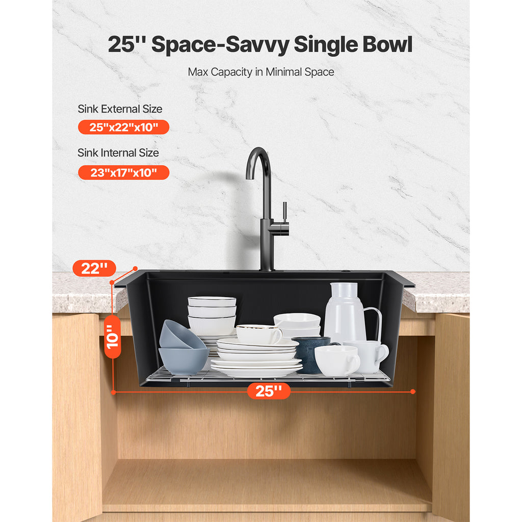 25 Inch Granite Kitchen Sink - Top Mount Single Bowl