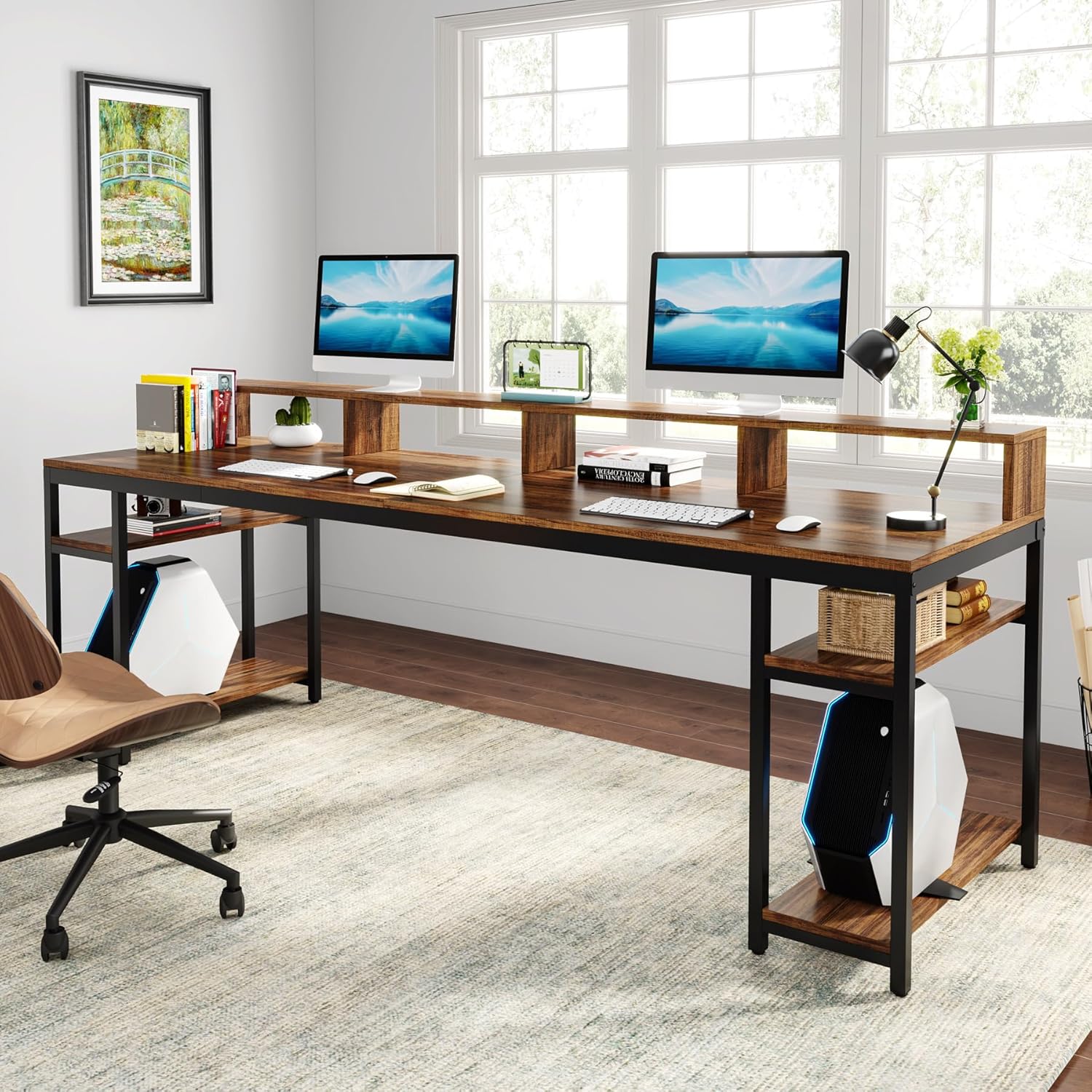 Two Person Desk with Monitor Stand