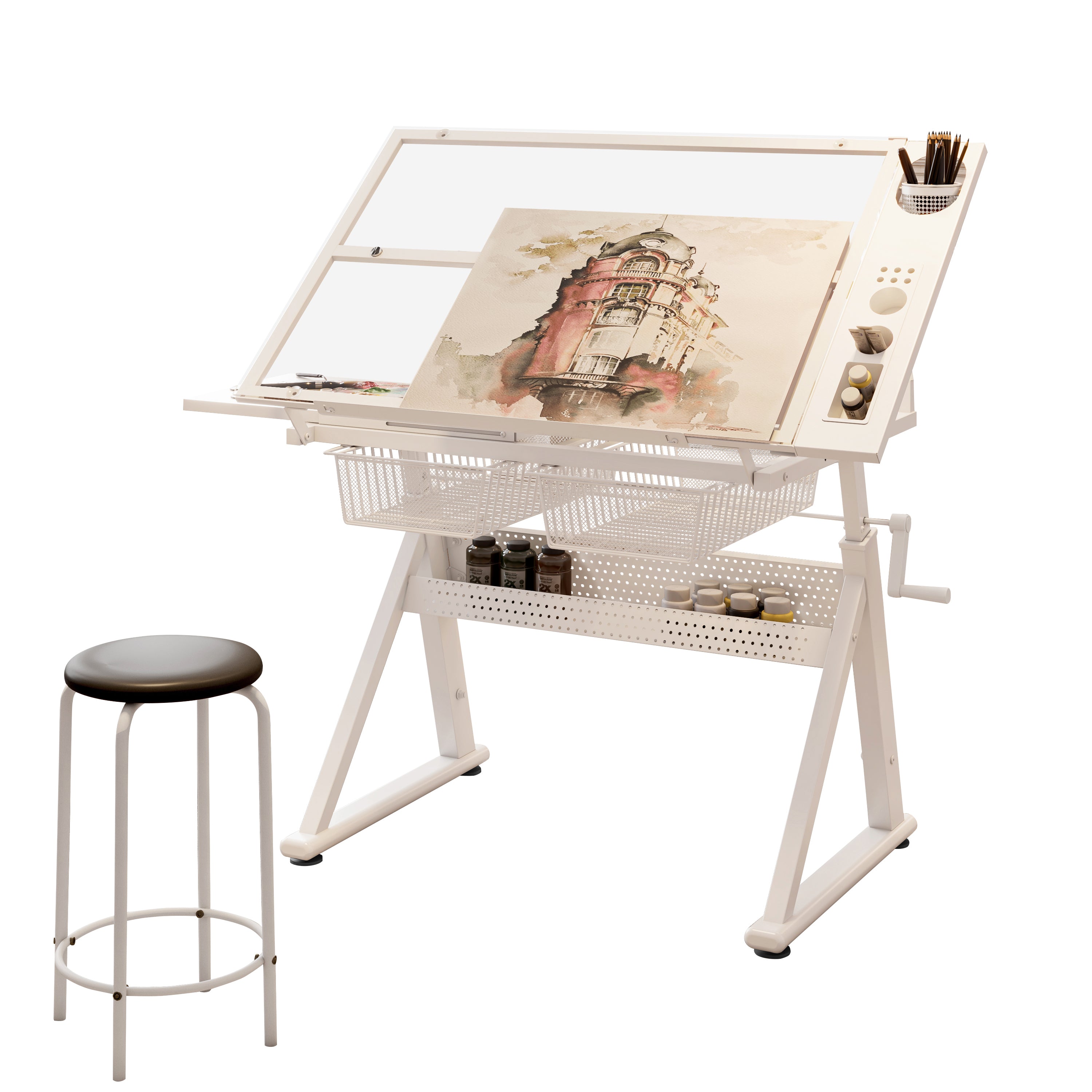 Hand Crank Adjustable Tempered Glass Drafting Table