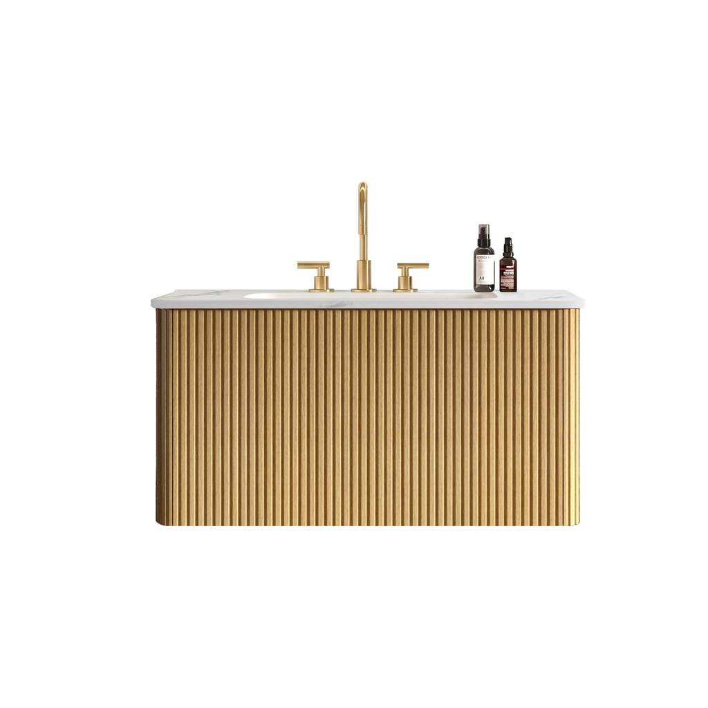 Etna 30-Inch Striped Light Oak Bathroom Vanity with Carrara White Ceramic Sink