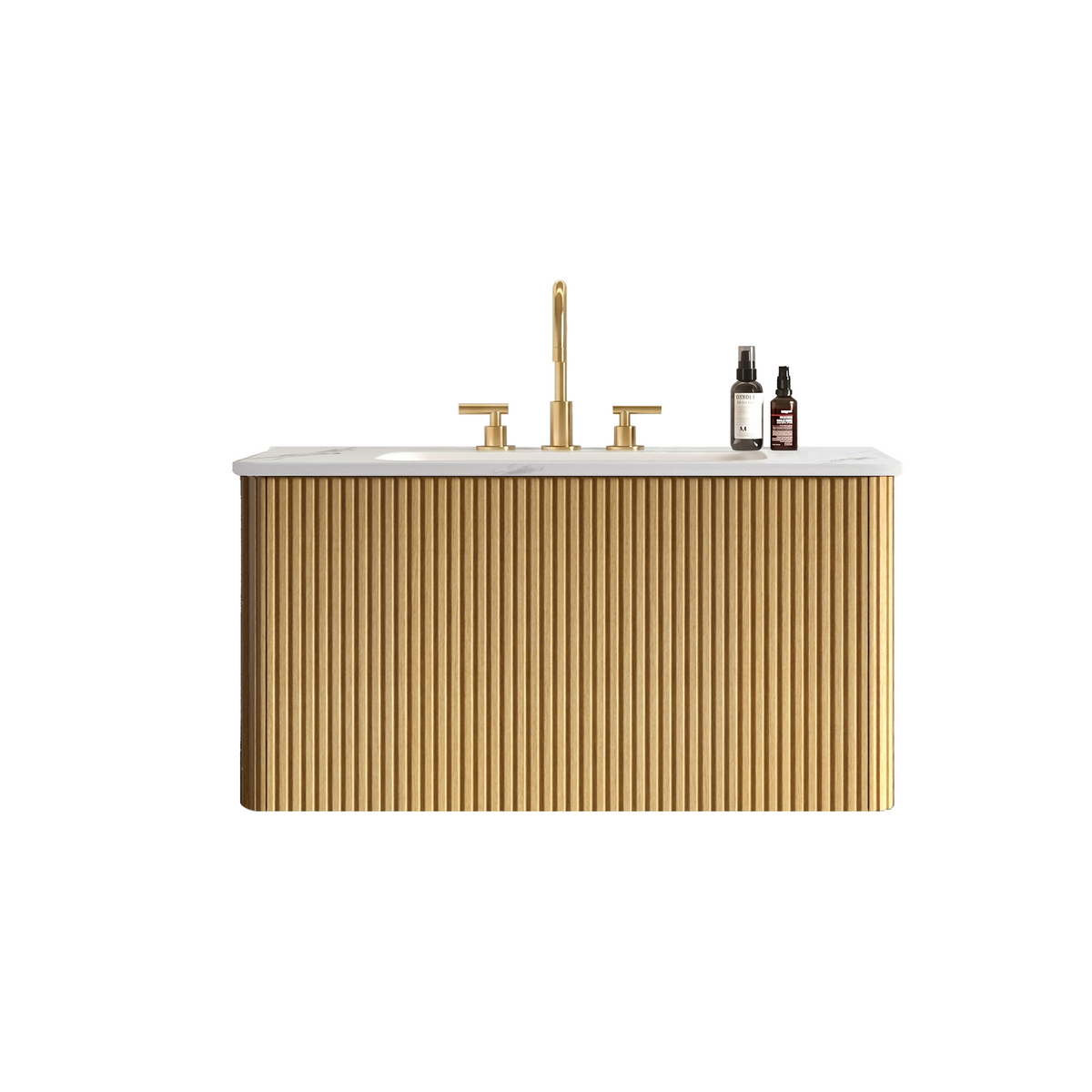 Etna 30-Inch Striped Light Oak Bathroom Vanity with Carrara White Ceramic Sink