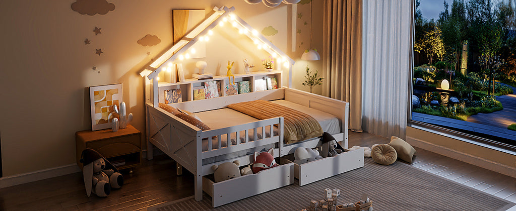 Wood Full Size House Platform Bed with LED, Storage Shelves, Drawers and Guardrail