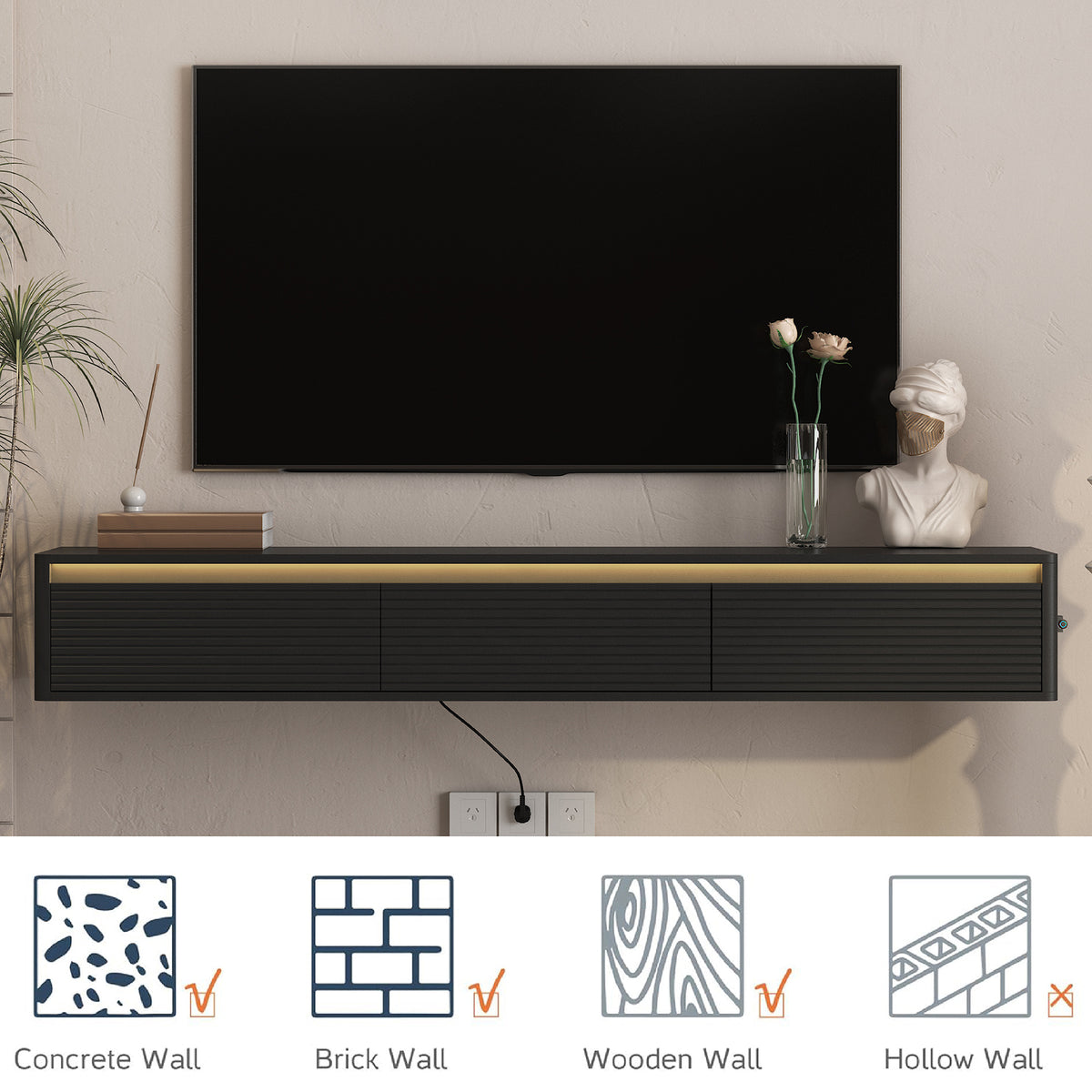 Floating TV Stand with LED Lights & Power Outlet