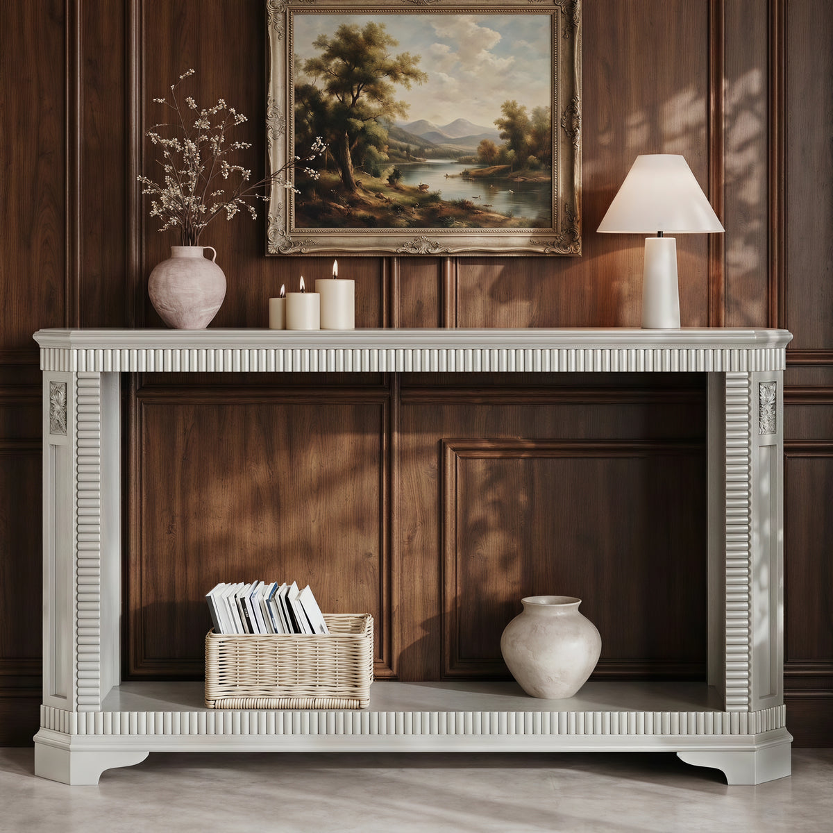 55-Inch Retro Carved Sofa Table, 2-Tier Open Storage, Champagne Silver