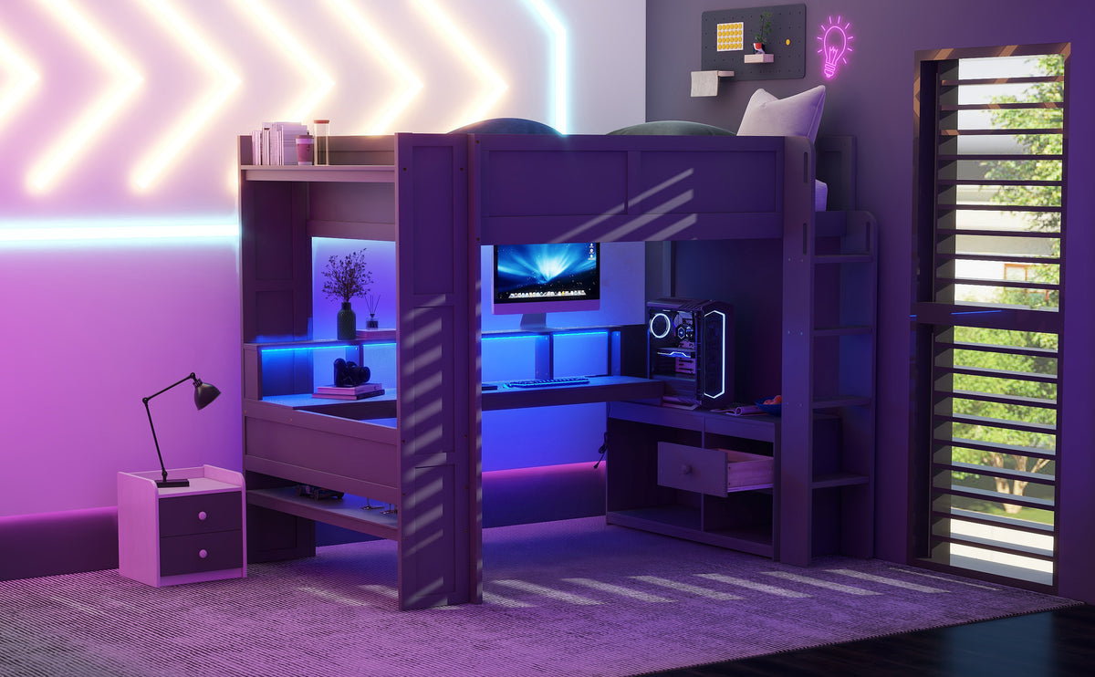 Wood Full Size Gaming Loft Bed with Desk, Storage Shelves, and LED Lighting