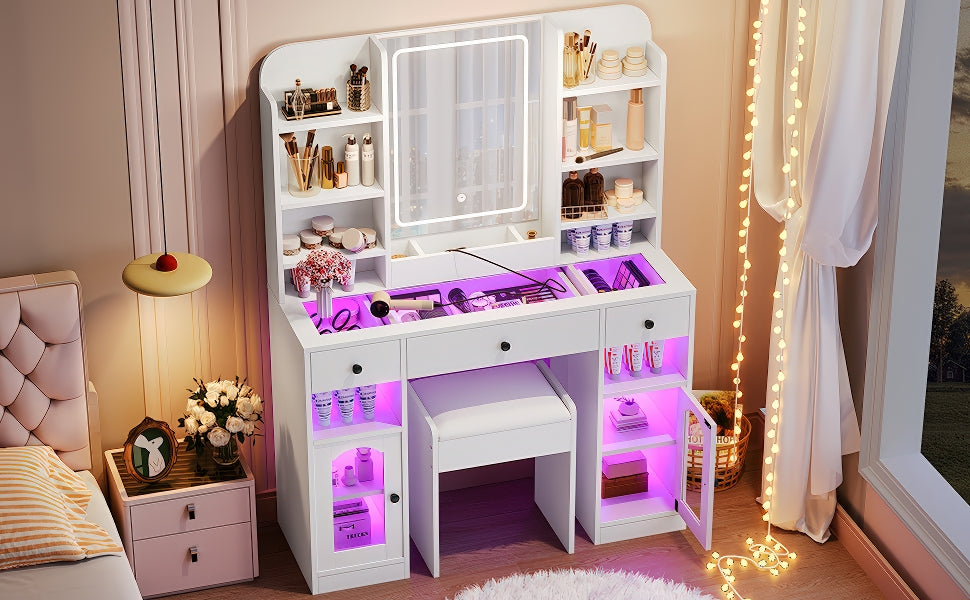43.2" Vanity Desk with LED Mirror and RGB Light Cabinets