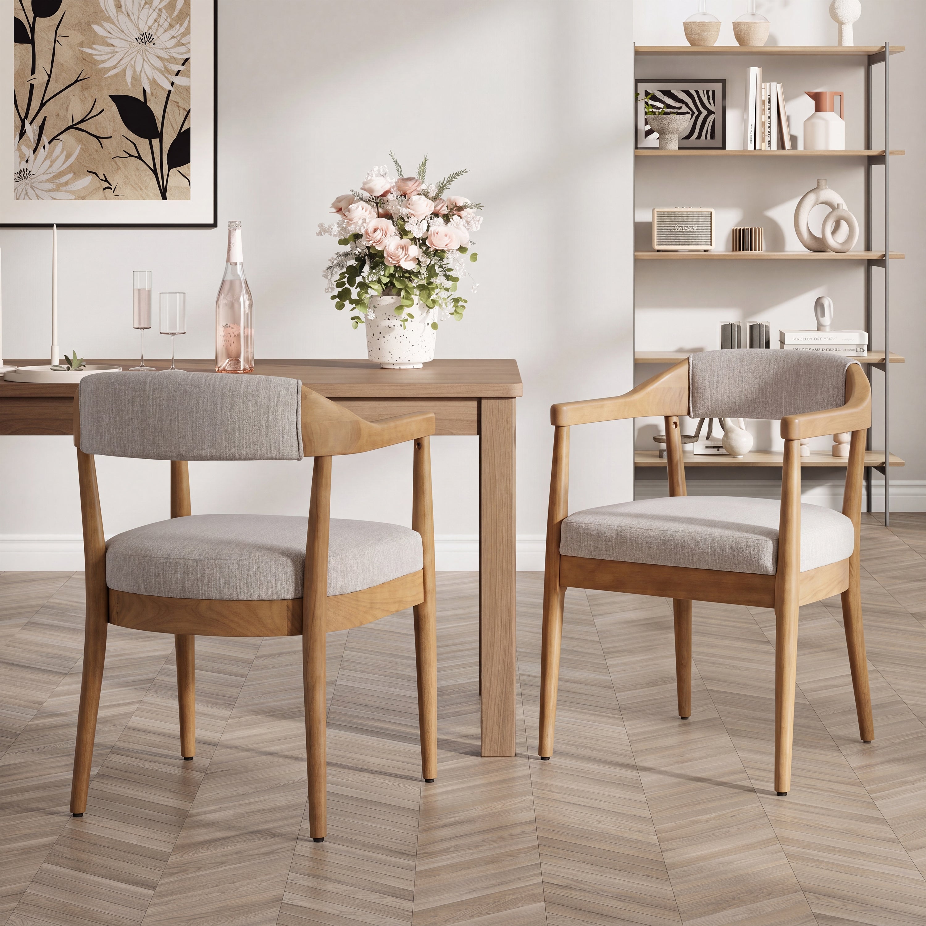 Wood Frame Upholstered Dining Chairs with Armrests - Set of 2