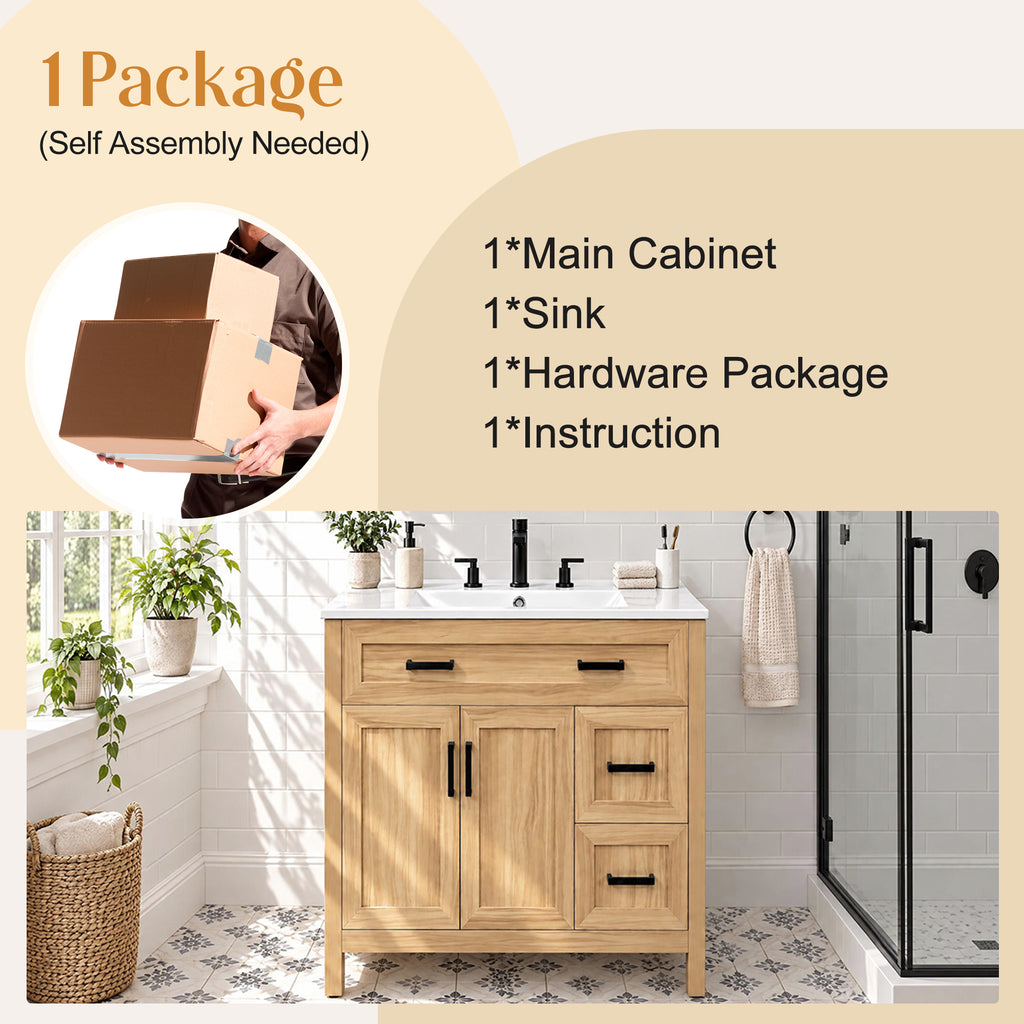 36-Inch Bathroom Vanity with Ceramic Sink, Soft-Close Doors and Drawers, Wood