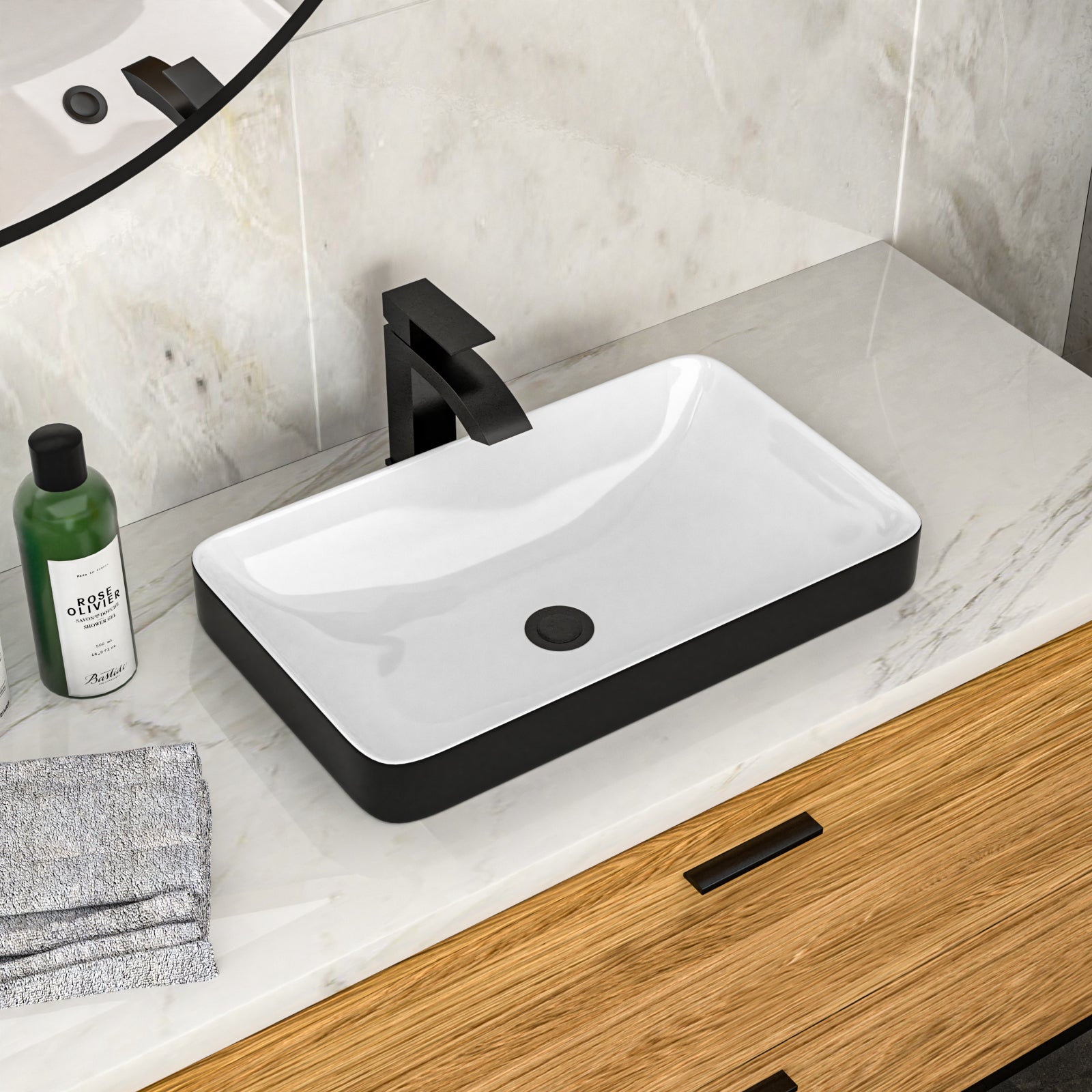 19"x12" White & Black Semi-Recessed Ceramic Bathroom Sink