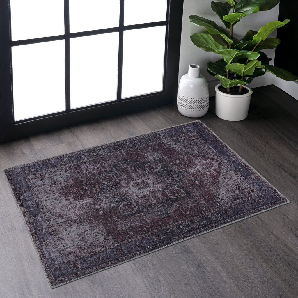 Maval Burgundy Washable Rug 2' x 3' Doormat Rug