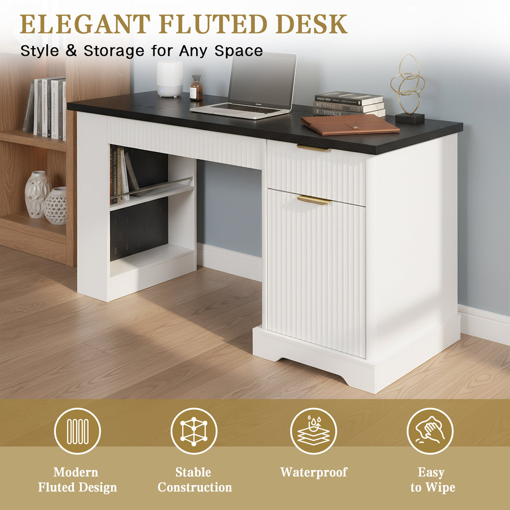 55" Modern Fluted Office Desk with Storage Cabinet & Drawers