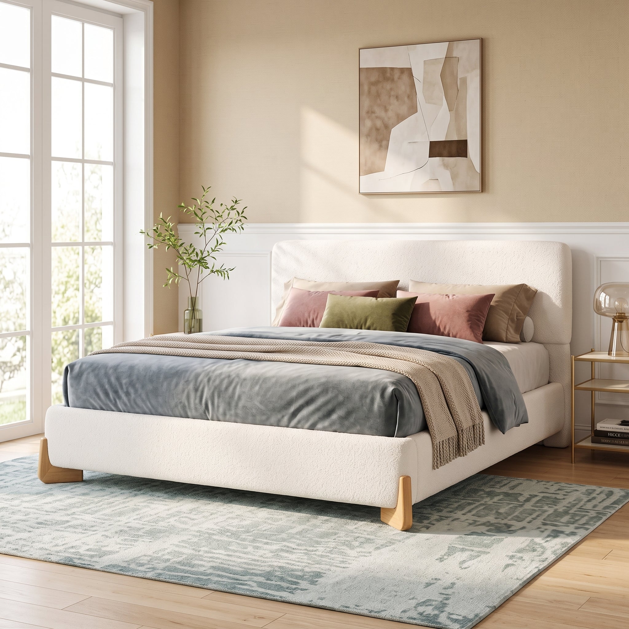 Elegant Boucle Upholstered Bed in Queen Size