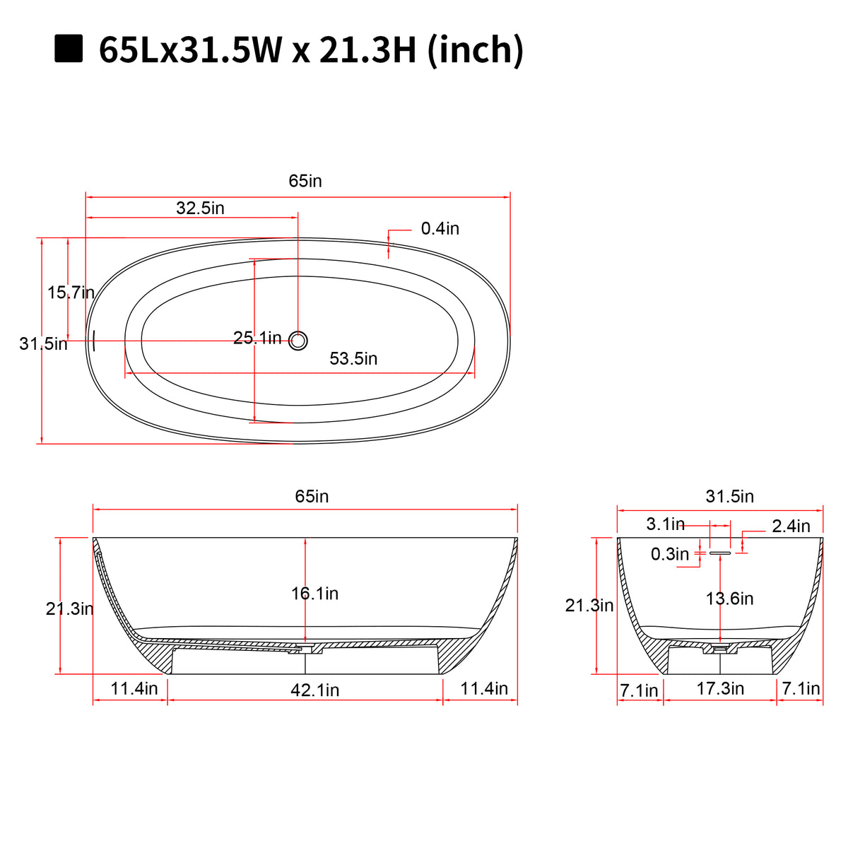 65'' Freestanding Bathtub Resin Stone Soaking Bathtub