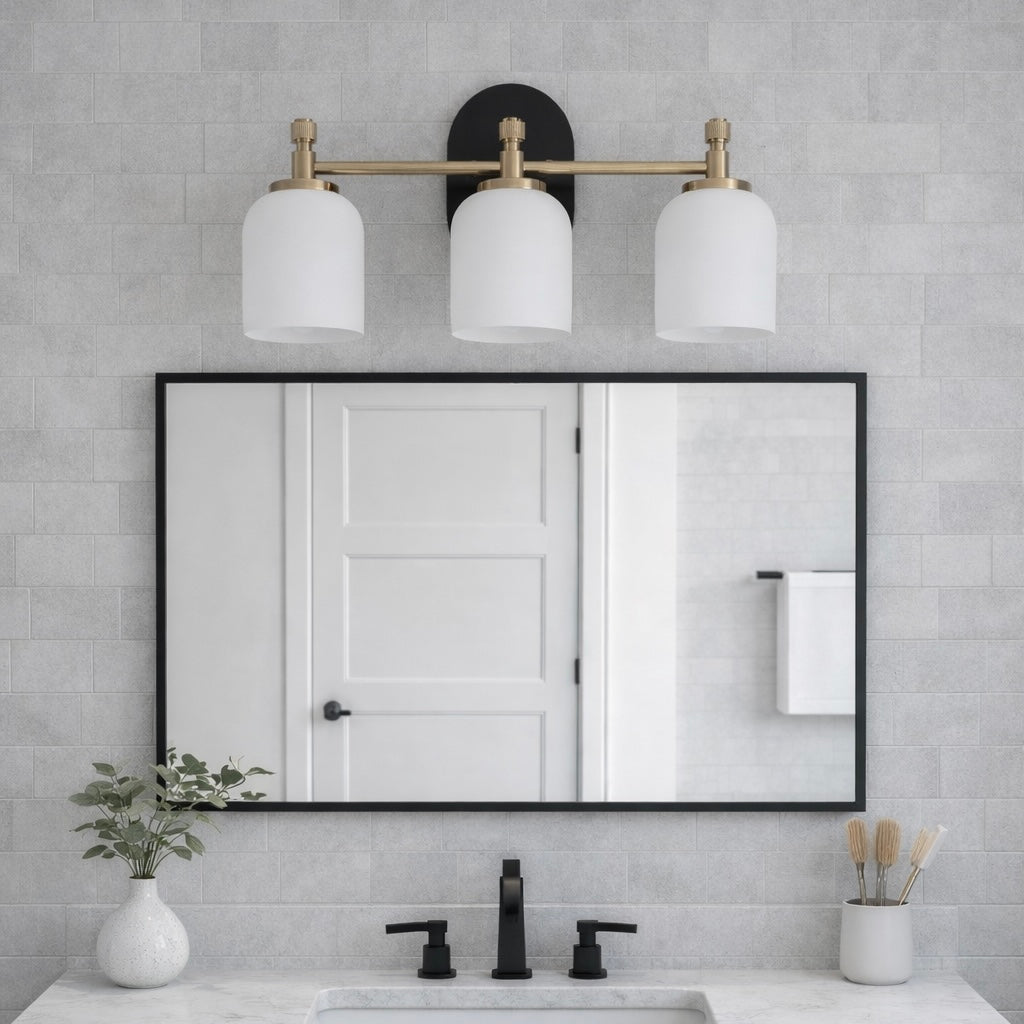 Meadows Three Lights Vanity Brushed Gold Bathroom Lighting