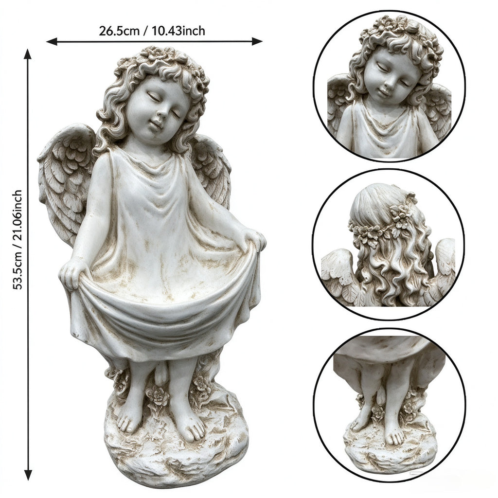 21.06" Tall Weathered Angel Cherub Garden Statue, Resin Dress Sculpture Figurine, Decorative Outdoor Yard Lawn Patio Backyard Landscape Ornament Decoration