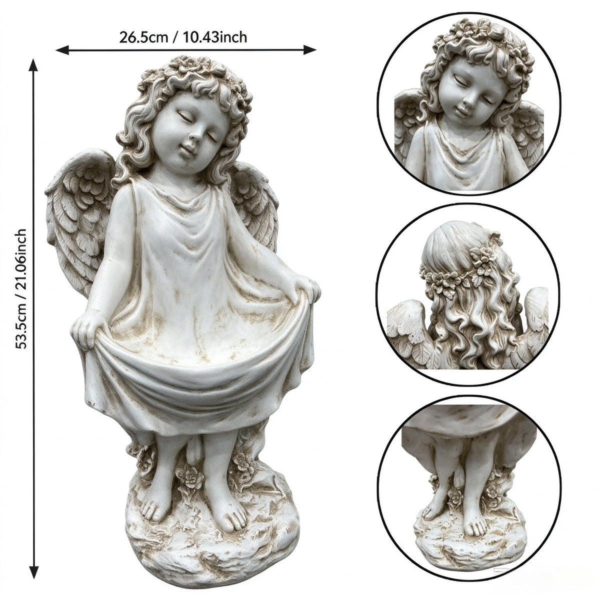 21.06" Tall Weathered Angel Cherub Garden Statue, Resin Dress Sculpture Figurine, Decorative Outdoor Yard Lawn Patio Backyard Landscape Ornament Decoration
