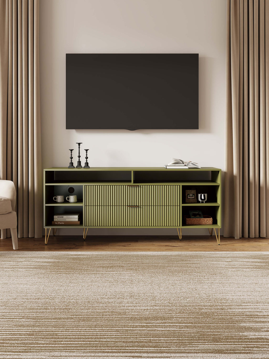 Dumbo 63" Fluted TV Stand in Olive