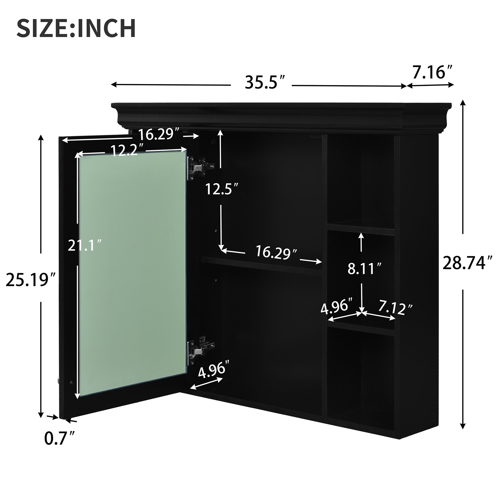 35'' x 28'' Black Wall Mounted Bathroom Storage Cabinet with Mirror Door