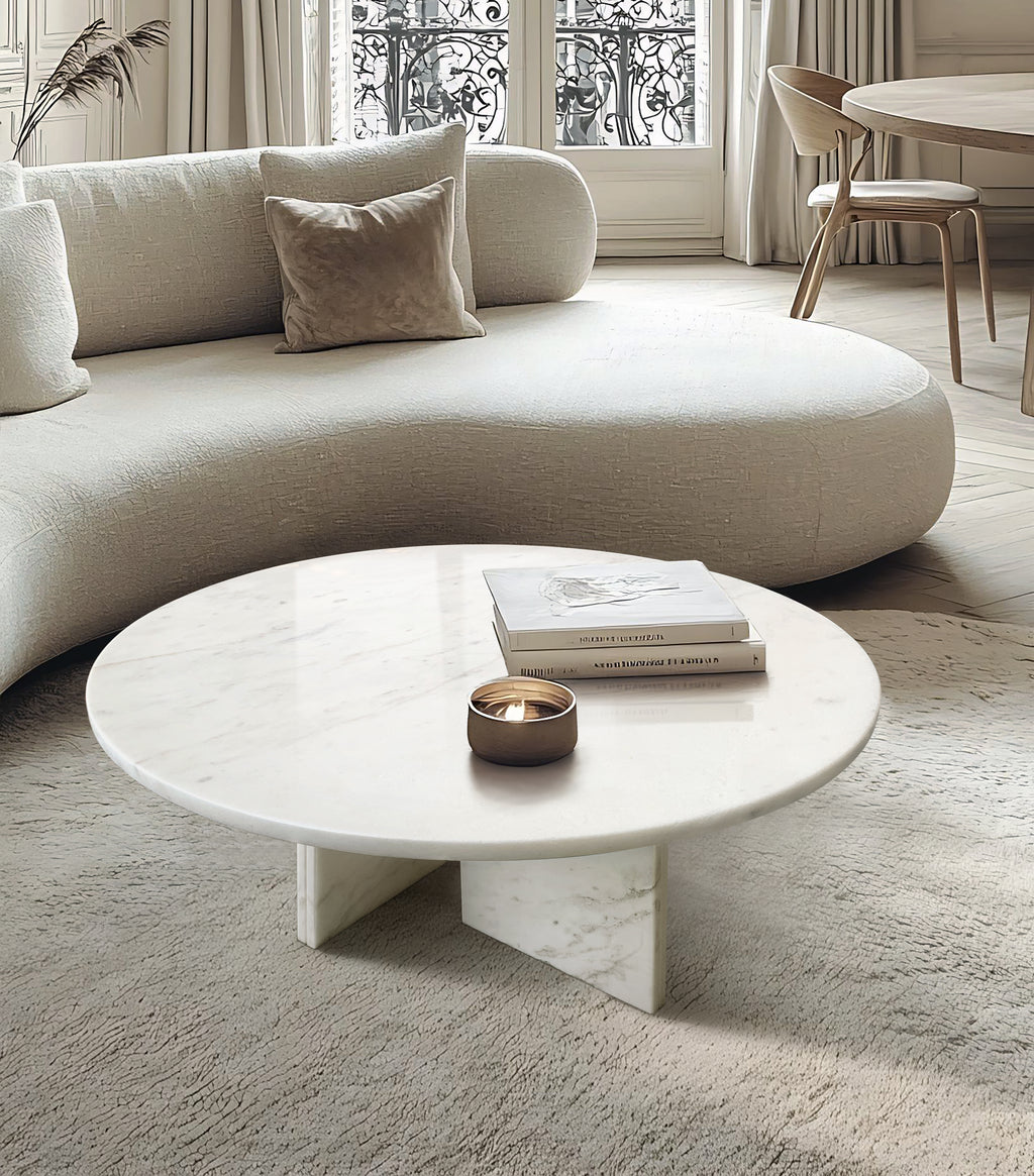 White Semi-Polished Marble Round Coffee Table