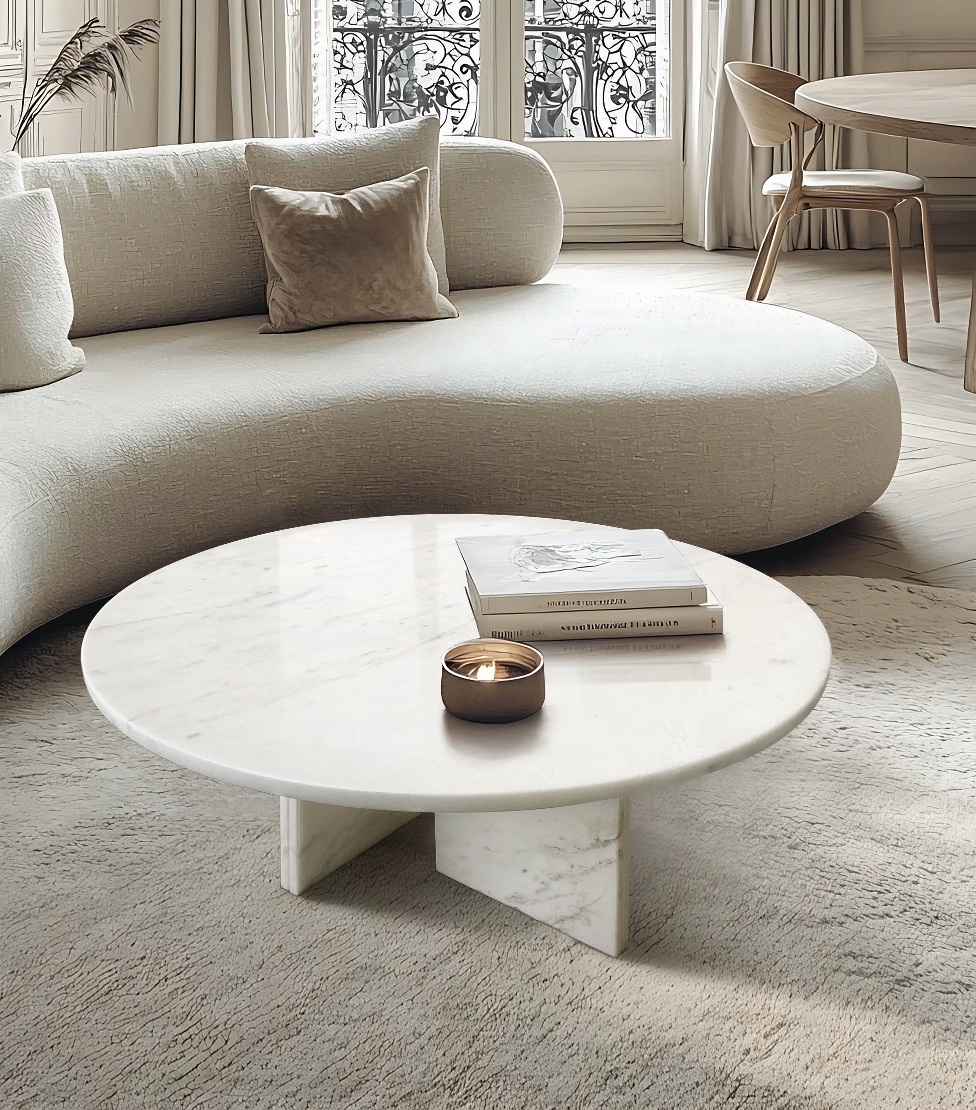 White Semi-Polished Marble Round Coffee Table