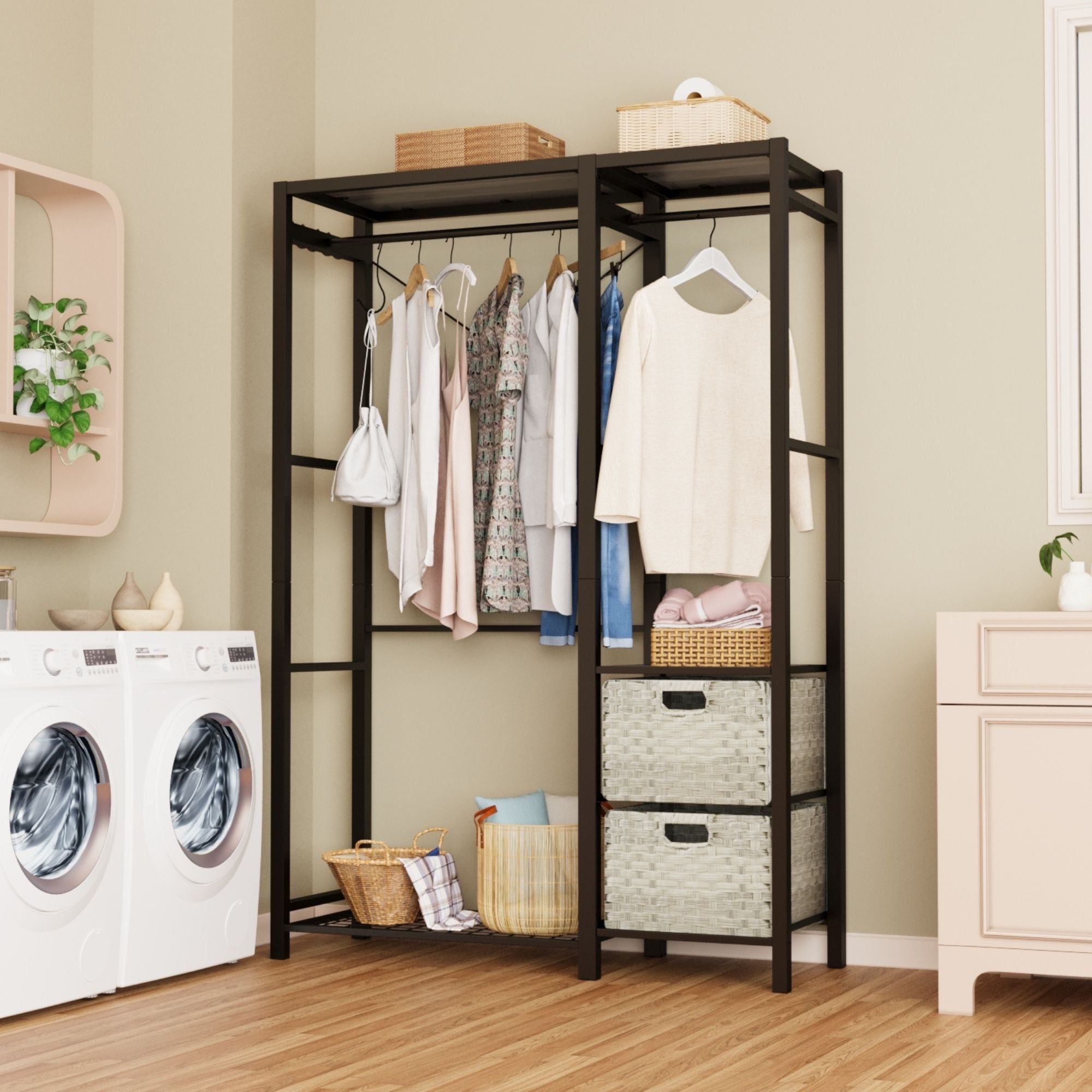 Acacia Wood Garment Racks with Shelves and Wicker Drawers