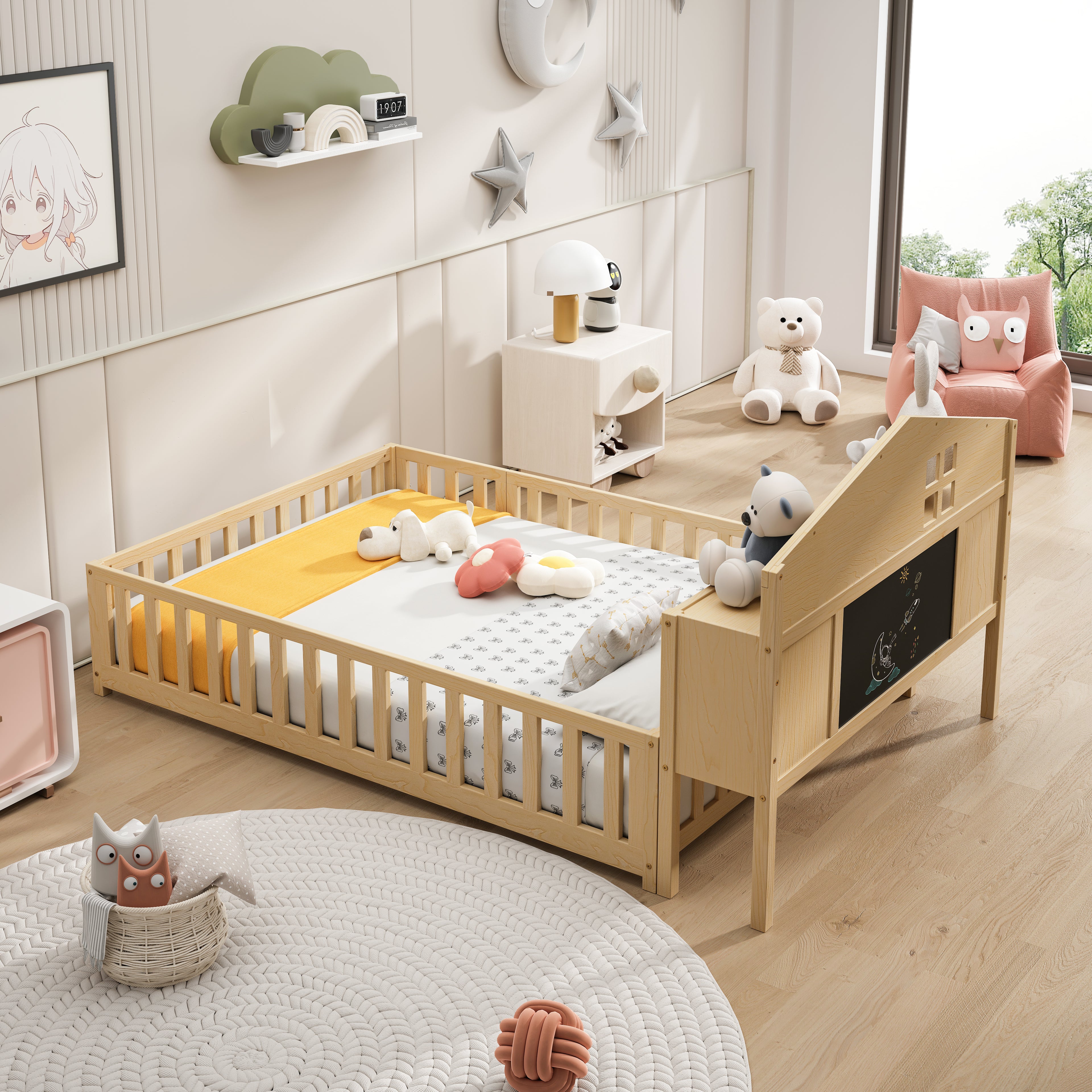 Full-Size Montessori Floor Bed with Bookcases and Blackboards