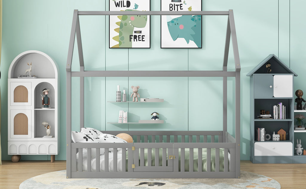 Full Size Wood House Bed with Fence and Door