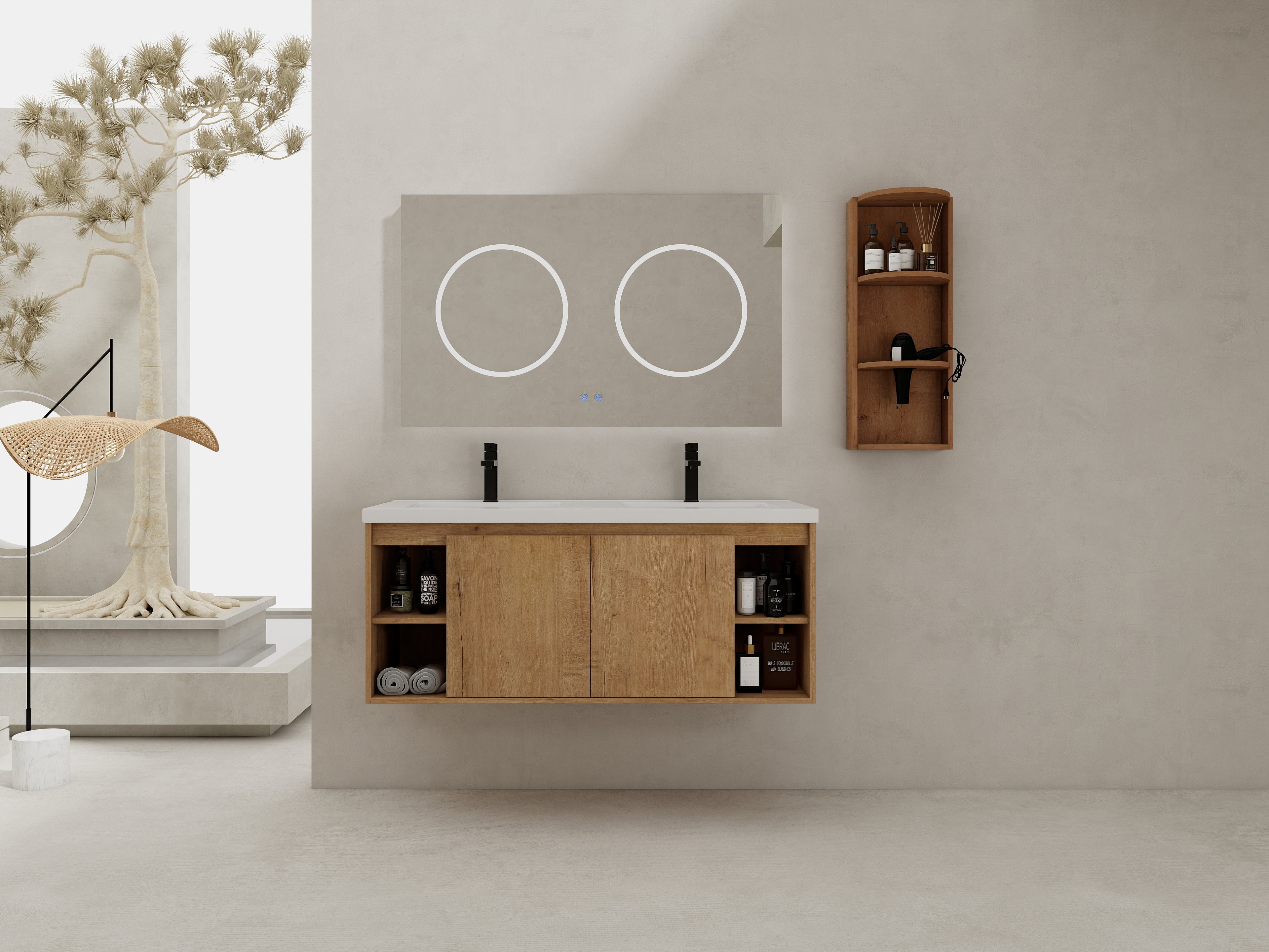 48" Wall-Mounted Bathroom Vanity With Double Sink and Storage Rack