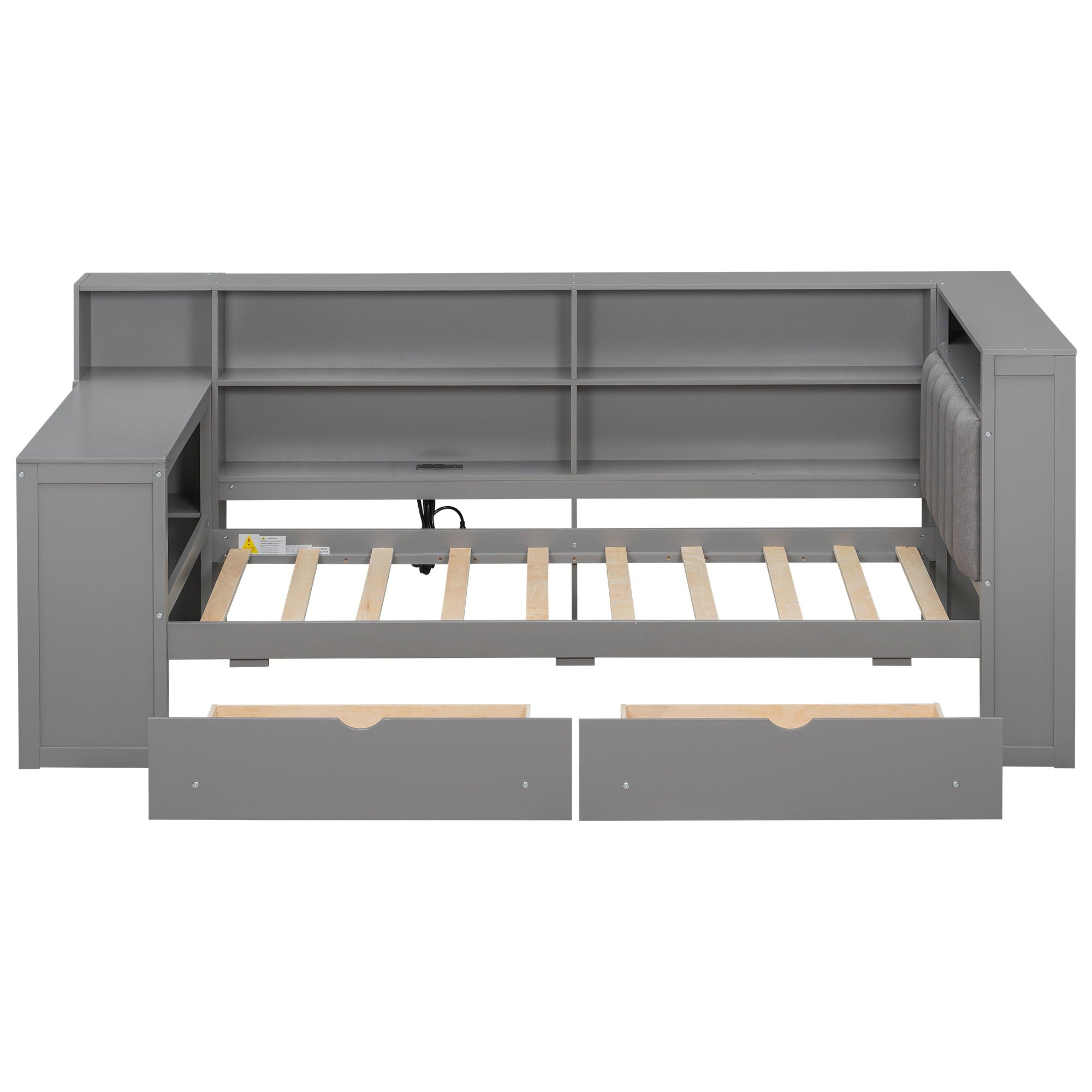 Platform Bed With Upholstered Headboard, Storage Shelves, Drawers, Charging Station, LED Lighting, Built In Desk
