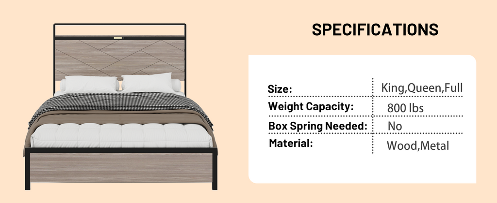 Antique Wooden Platform Bed Frame with Storage and LED Lights