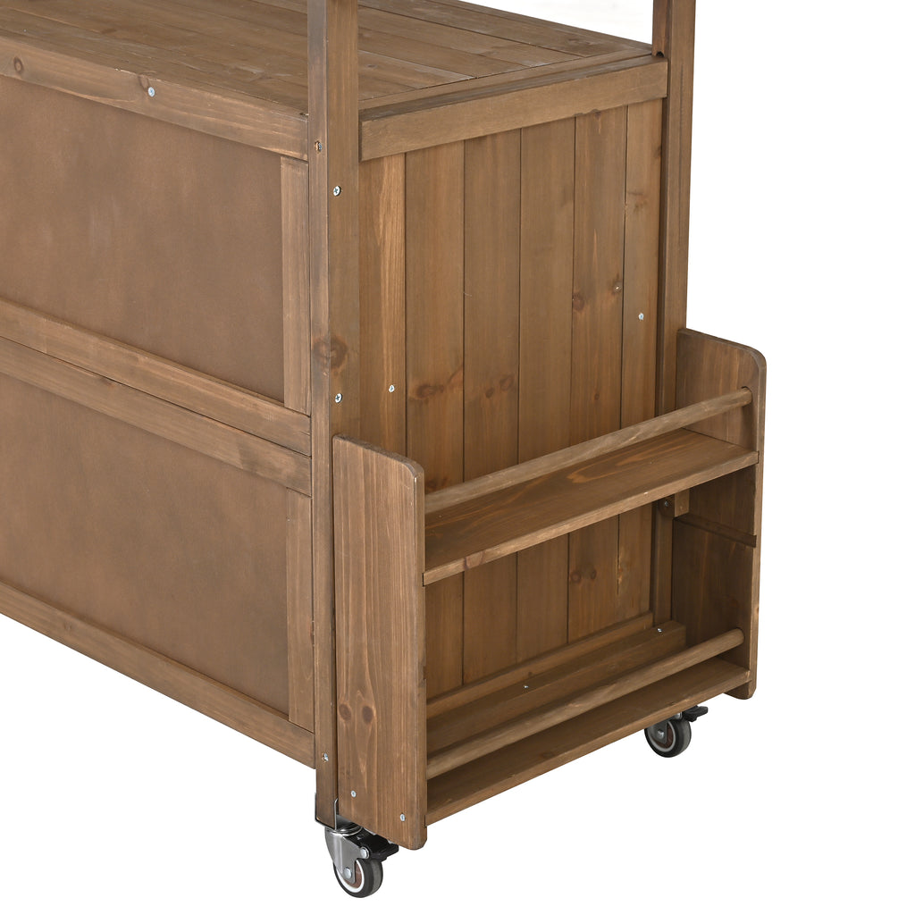 54.33" Farmhouse Rolling Outdoor Kitchen Cart, Solid Wood Frame with Stainless Steel Top, Spice Rack, Towel Rack, Lockable Wheels & Multi-Functional Storage for Patio, Backyard BBQ & Kitchen