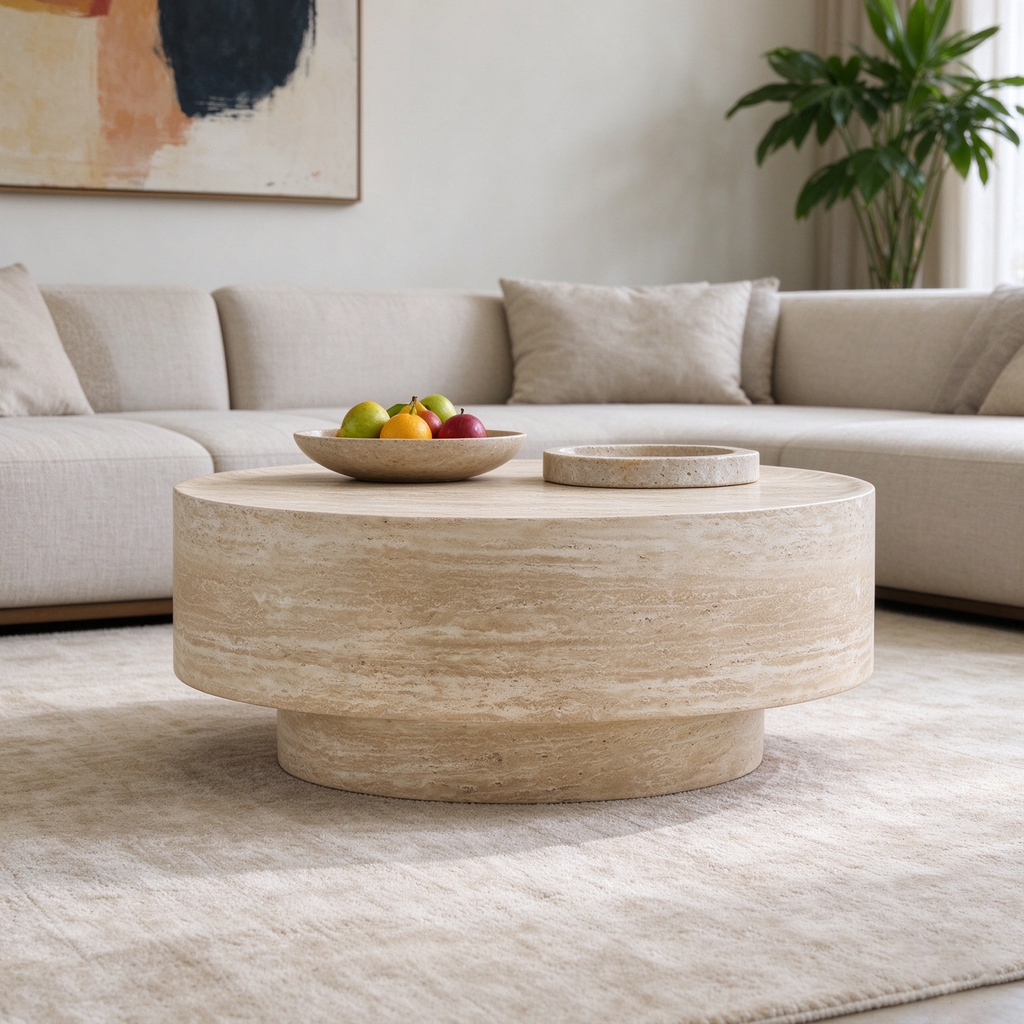 Round Travertine-Look Coffee Table, 31.5-Inch, Beige Yellow Fiberglass