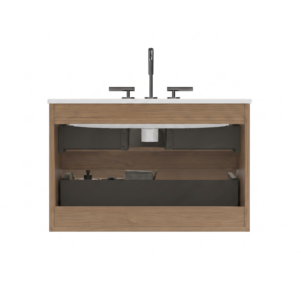 TIA Wall Mount 30" Walnut Brown Bathroom Vanity with Ceramic Sink