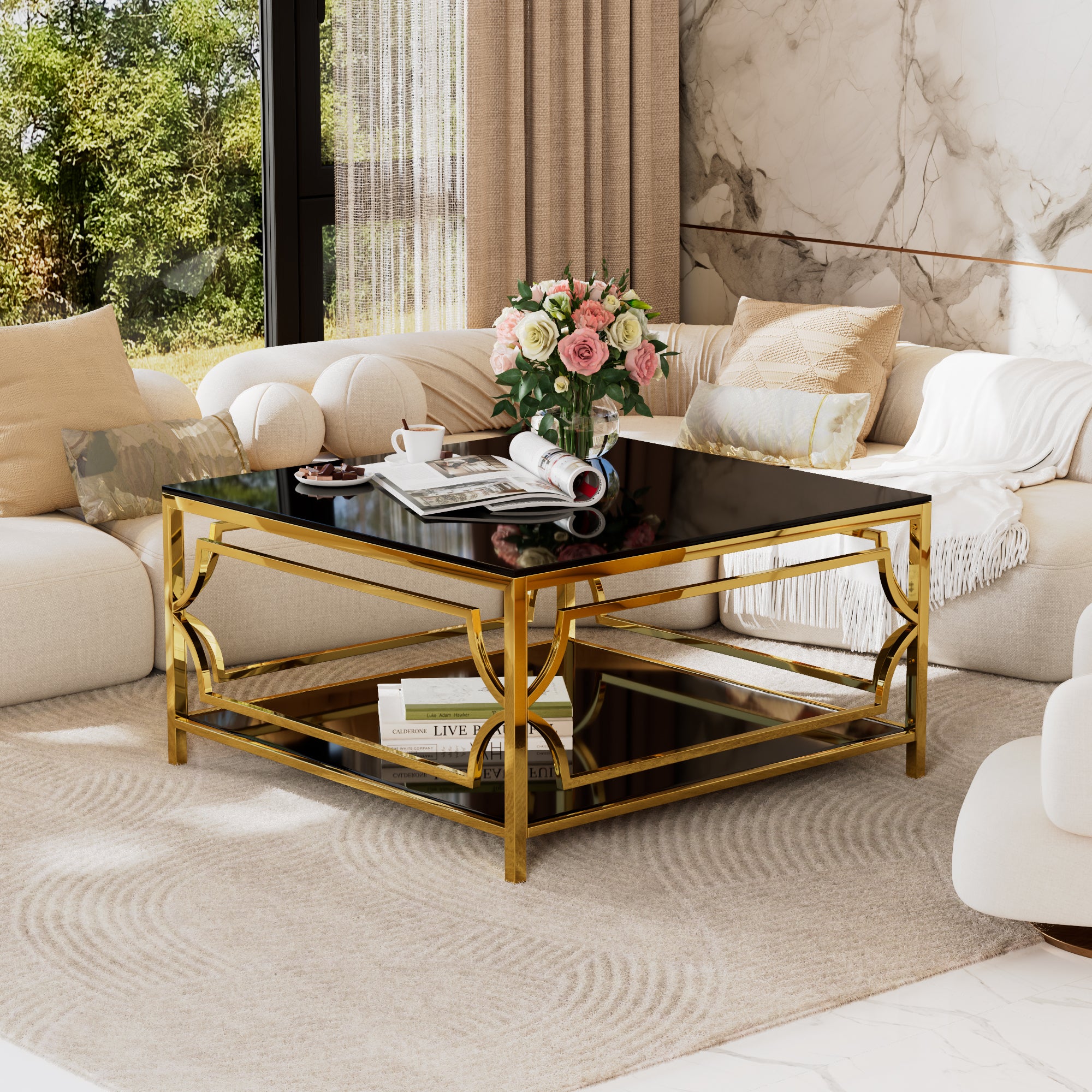 Square Glass Coffee Table in 33.5" with Luxurious Geometric Metal Frame