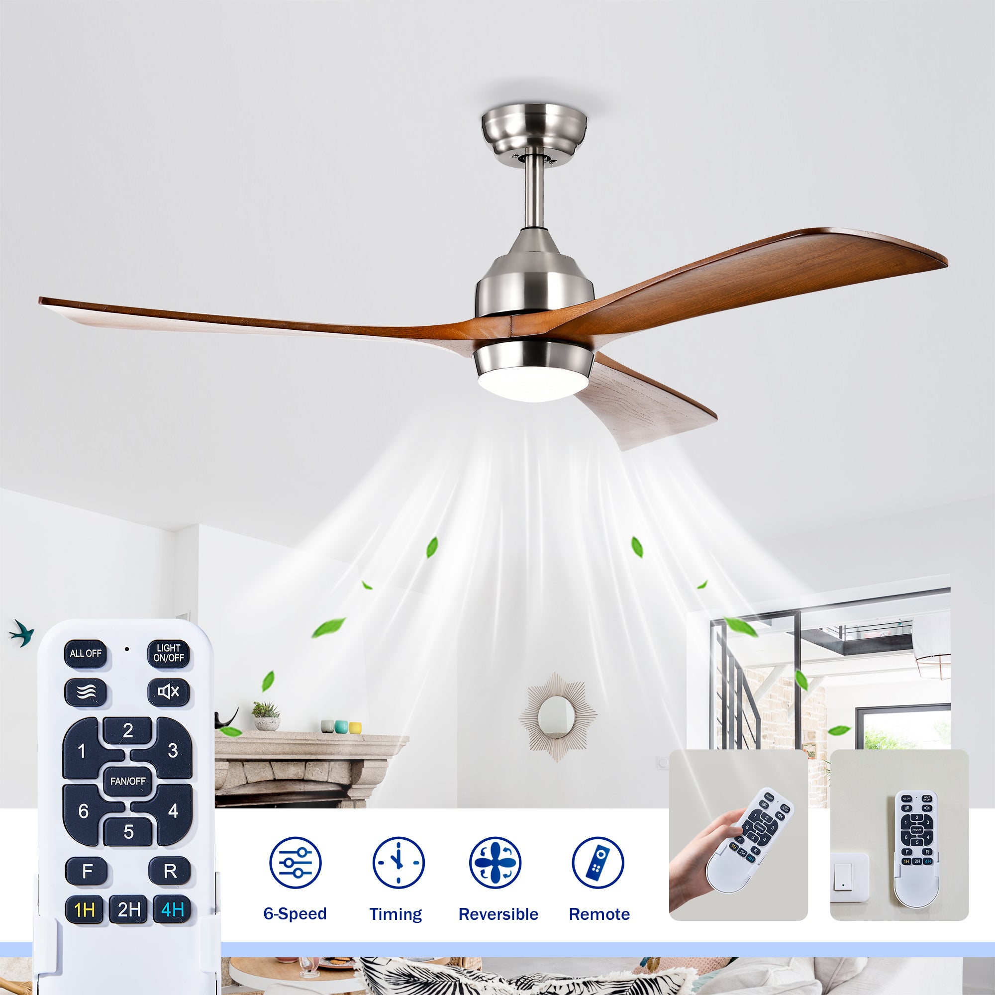 52" Solid Wood Blades Ceiling Fan with Lights & Remote Control