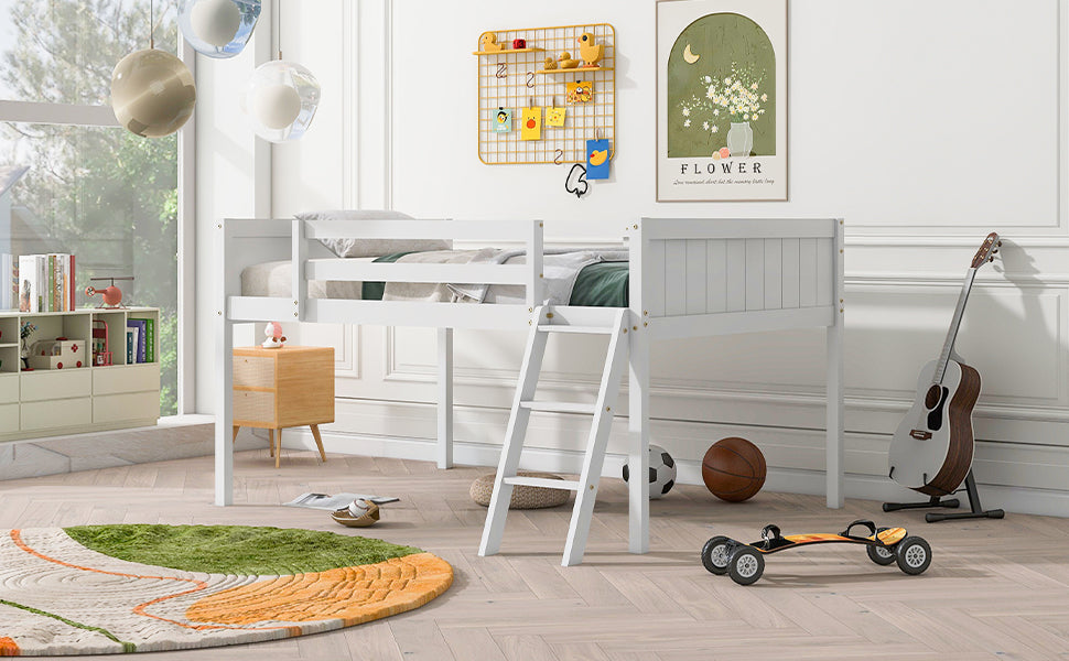 Full Size Wood Low Loft Bed with Ladder