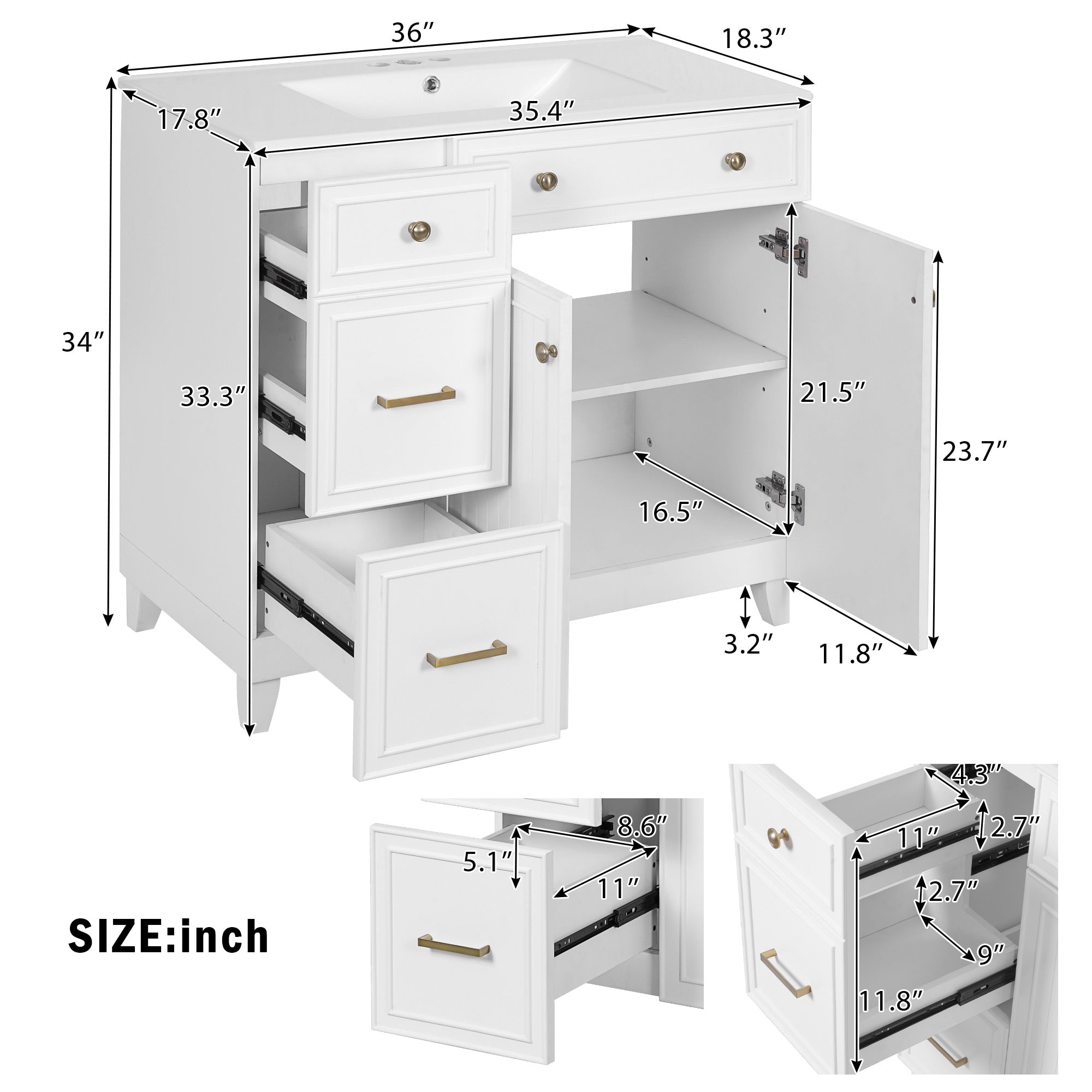 36" Bathroom Vanity with Ceramic Sink