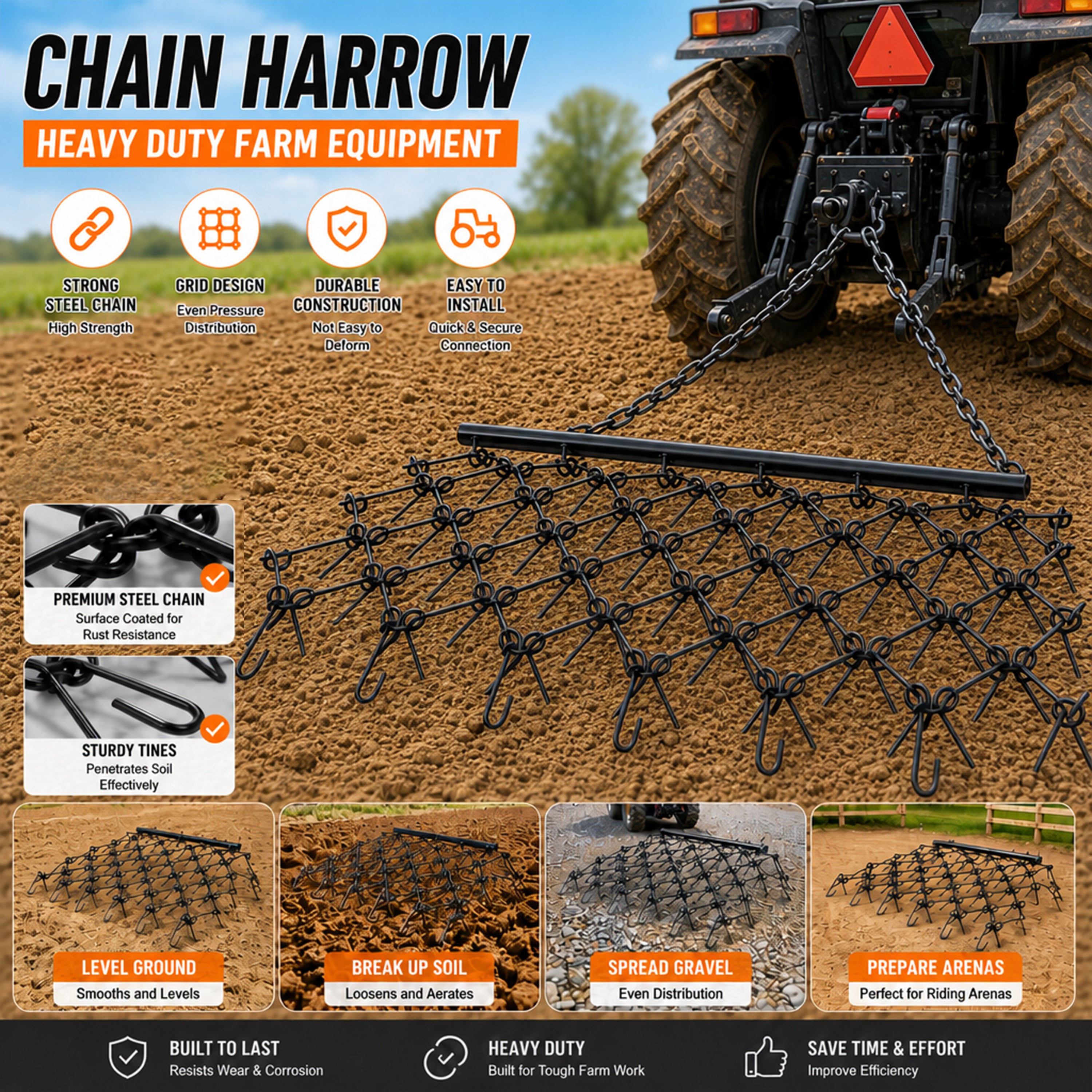 4FT Heavy-Duty Steel Drag Harrow