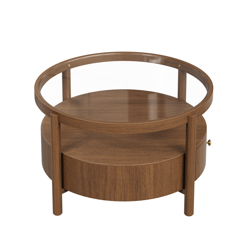 Solid Wood Round Glass Top Coffee Table with Storage Drawer