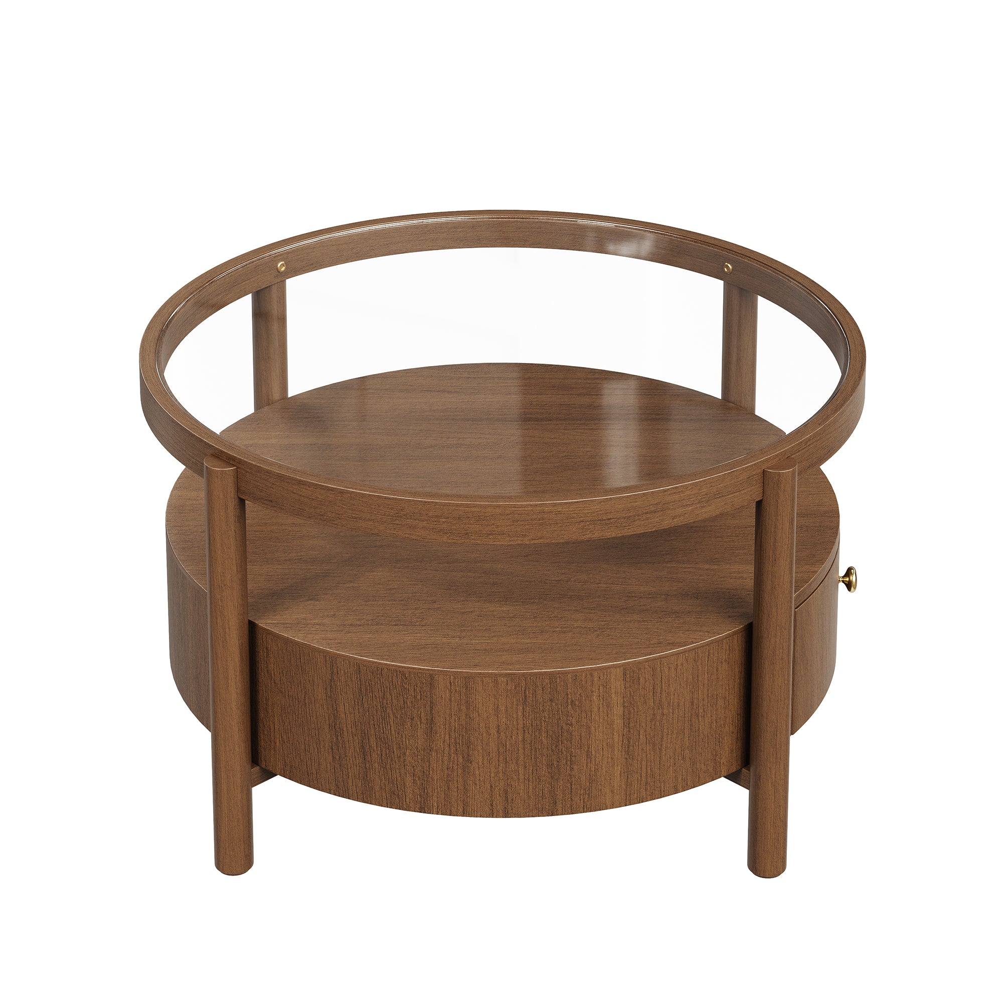 Solid Wood Round Glass Top Coffee Table with Storage Drawer