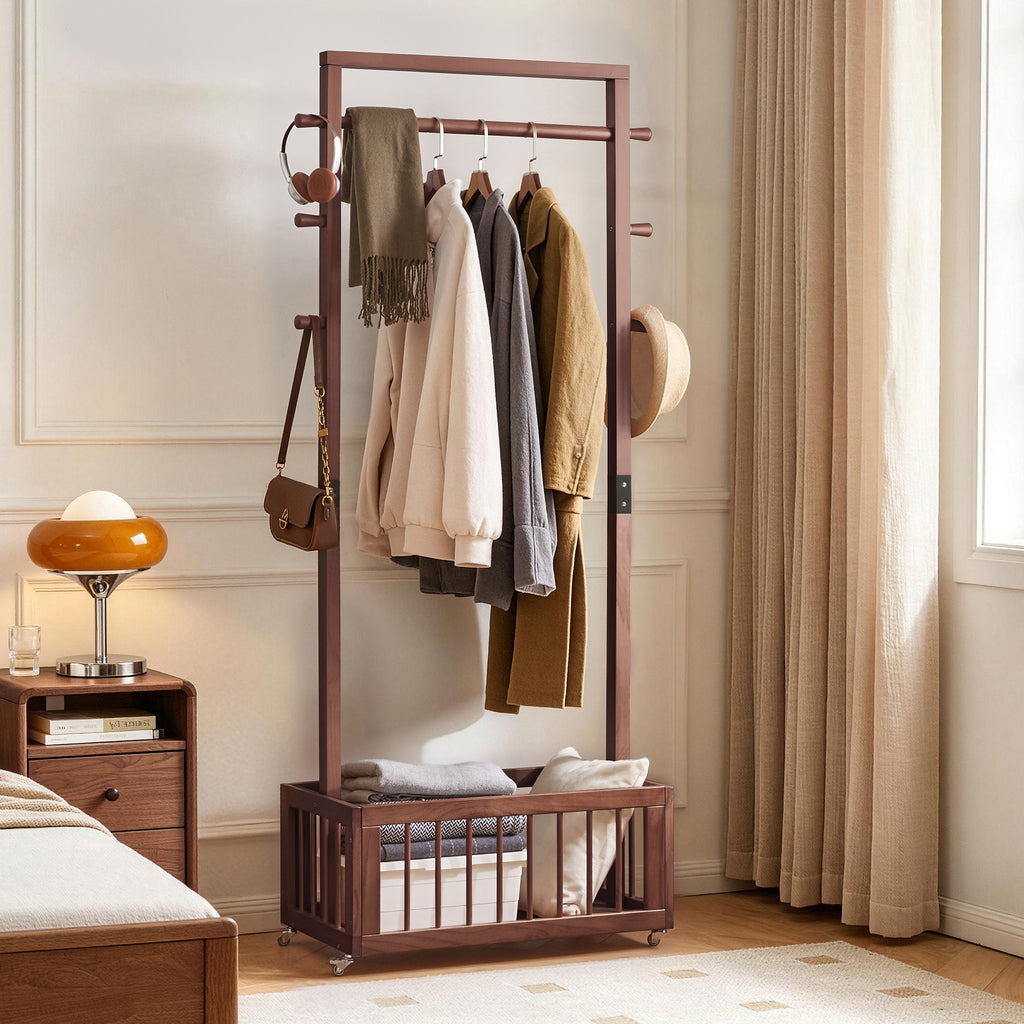 Solid Wood Freestanding Coat Rack with Storage Basket