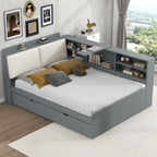 Wood Full Size Platform Bed with Trundle, Shelves and Storage Headboard