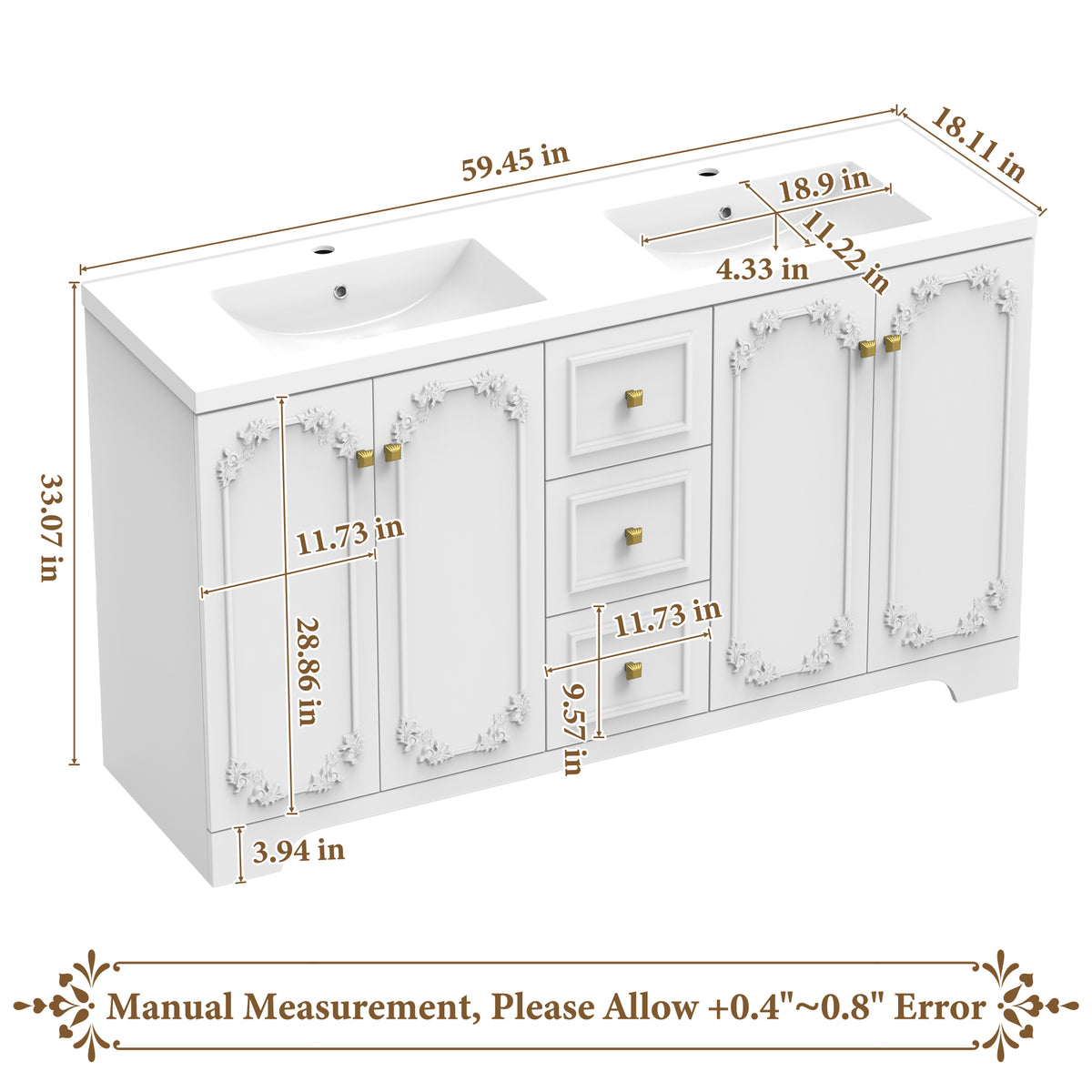60" White French-Style Bathroom Vanity Cabinet