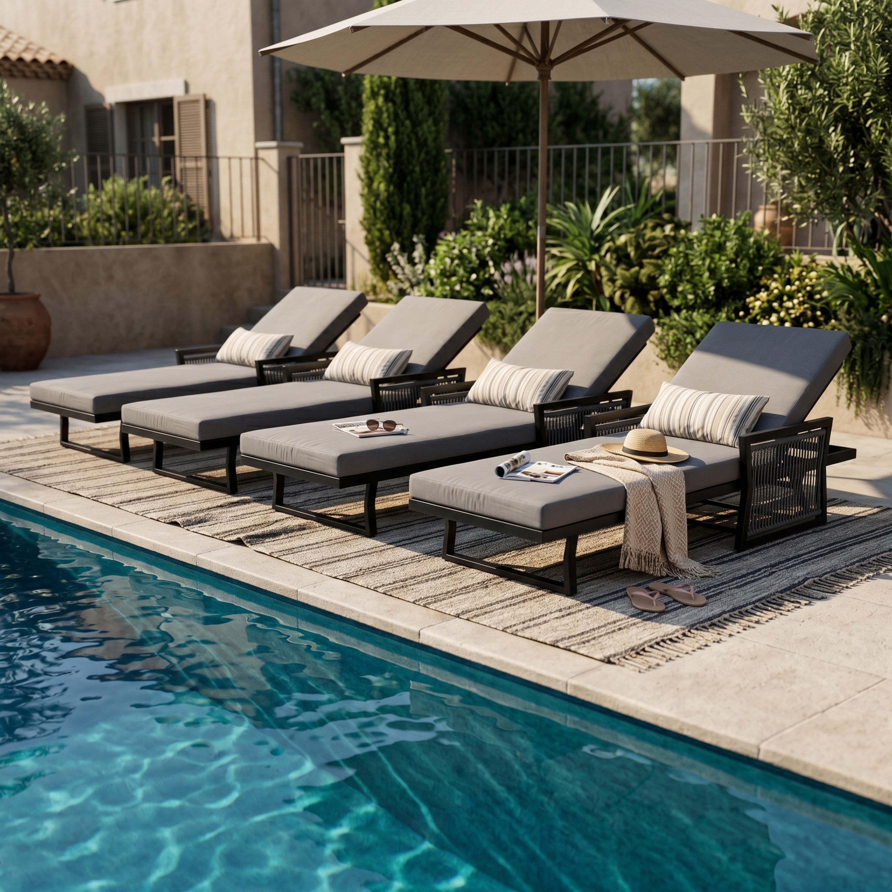 Black Iron Outdoor Chaise Lounge with Mixed Rope